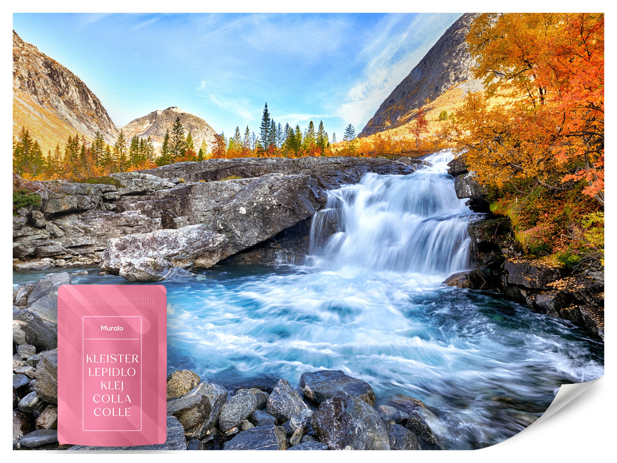 FOTOTAPETE Wasserfall Berge Wald Felsen 3D 300x210 - Blau/Gelb, Papier (300/210cm) - Muralo