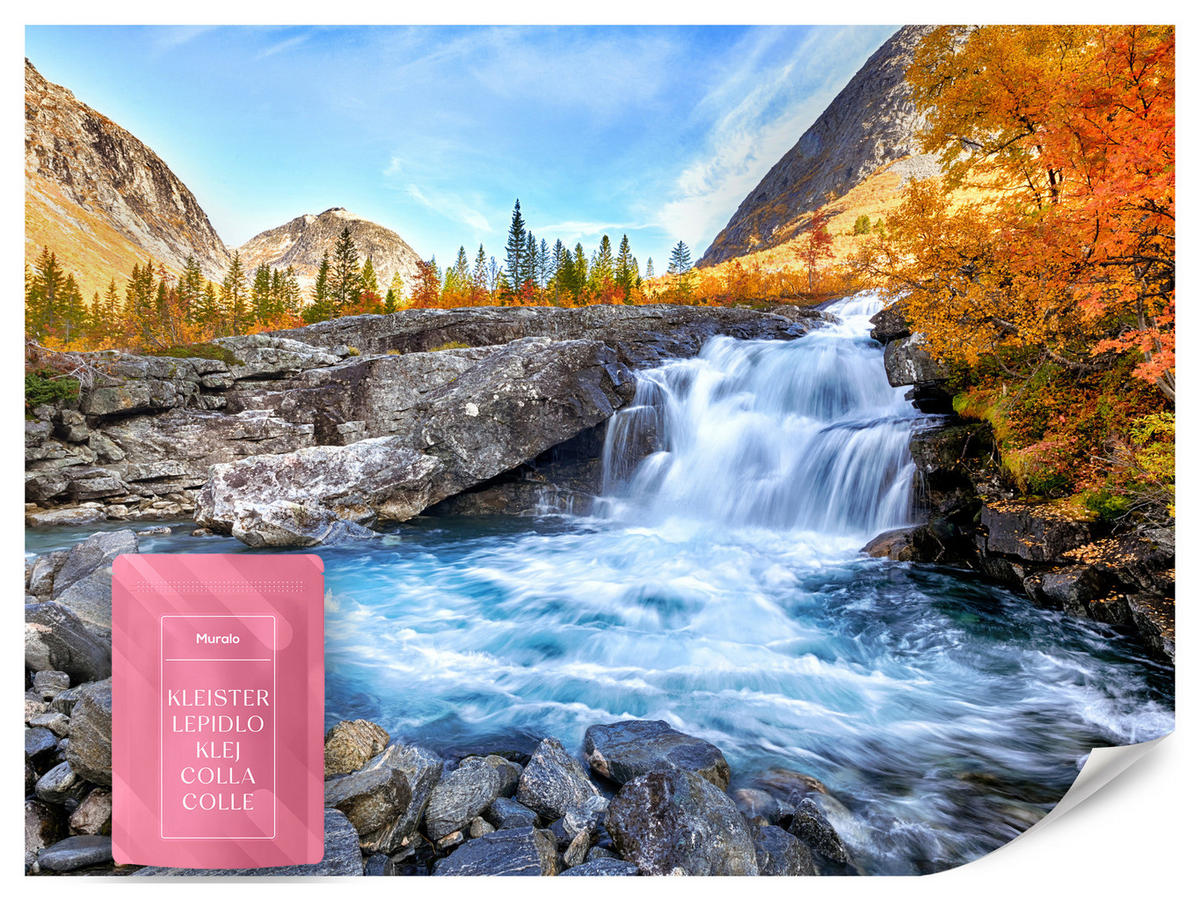 FOTOTAPETE Wasserfall Berge Wald Felsen 3D 300x210 - Blau/Gelb, Papier (300/210cm) - Muralo