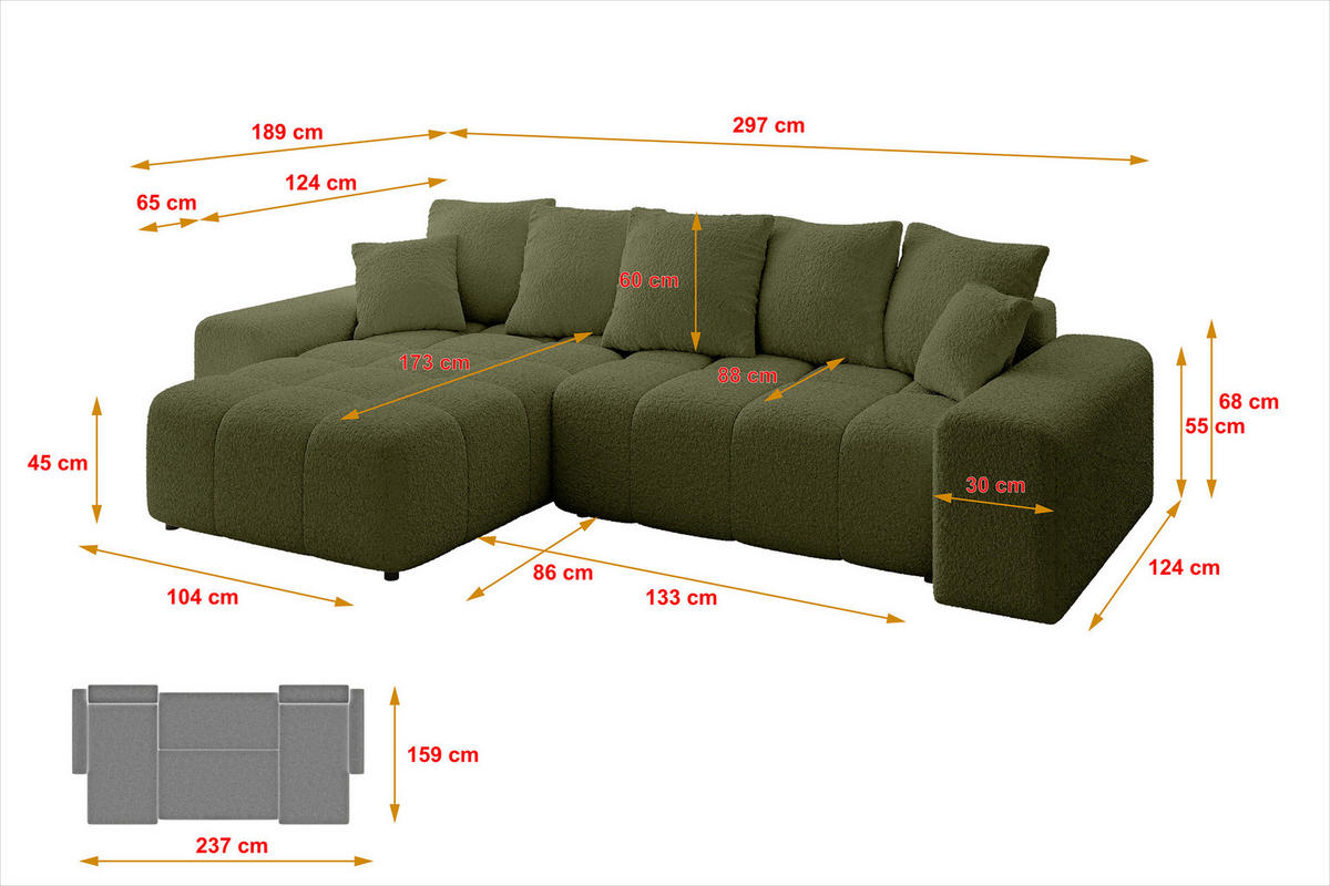ECKSOFA Ottomane links ENIL-L 297x189x68 Grün Bouclé - Olivgrün, Holzwerkstoff/Kunststoff (297/189cm) - ALTDECOR