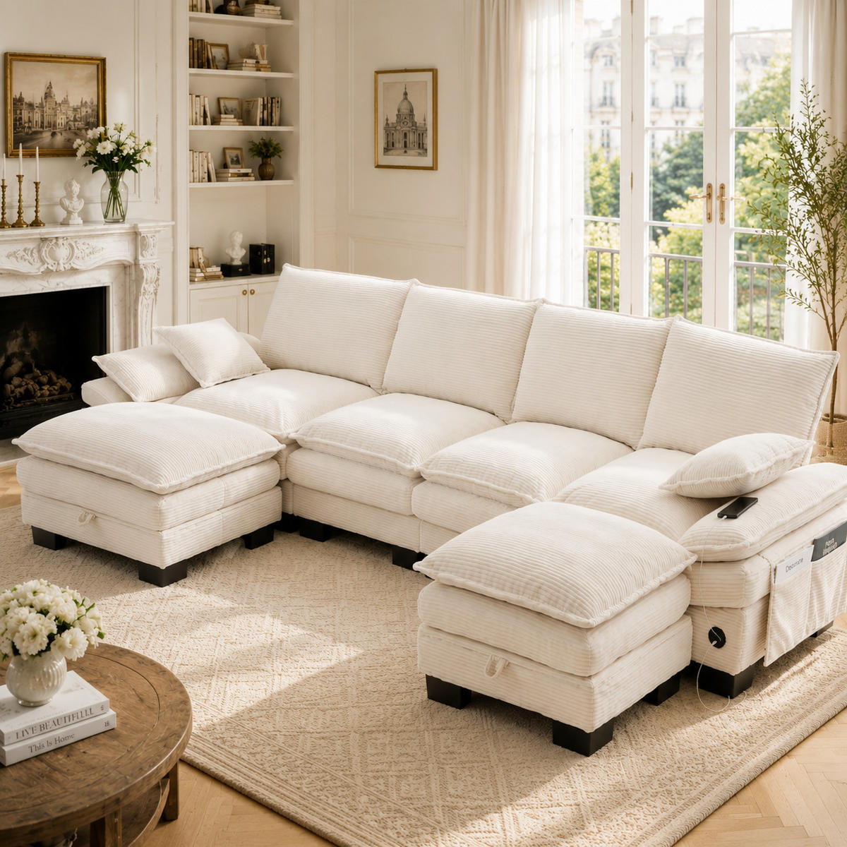 WOHNLANDSCHAFT DE-33753 modular mit 2 Stauraumhockern Beige - Beige, Metall (330/84/132cm) - ComfortXL