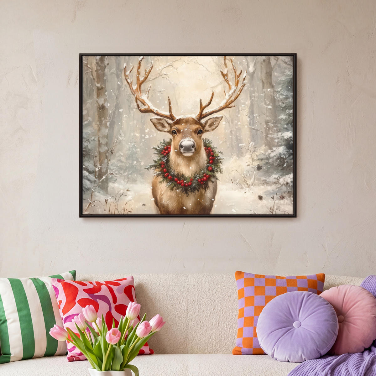 LEINWAND Bilder mit Rahmen - Weihnachten - Rentier - Winter - Kranz - 80x60 - Naturfarben, Textil (80/60cm) - MuchoWow