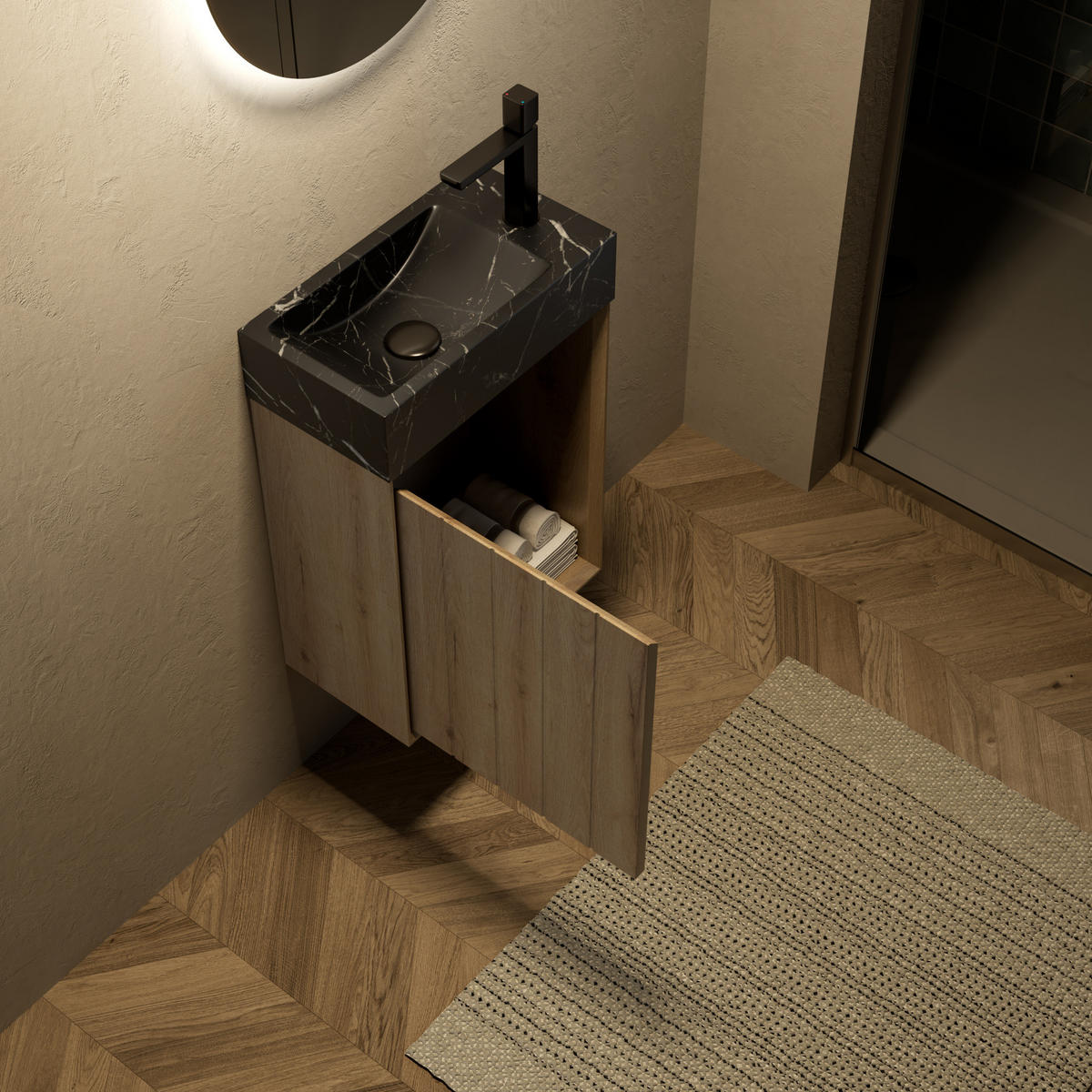 WASCHTISCHUNTERSCHRANK 40x22x58cm Eiche/Schwarz mit Naturmarmorbecken - Eichefarben, Stein (40/58/22cm) - Modfu