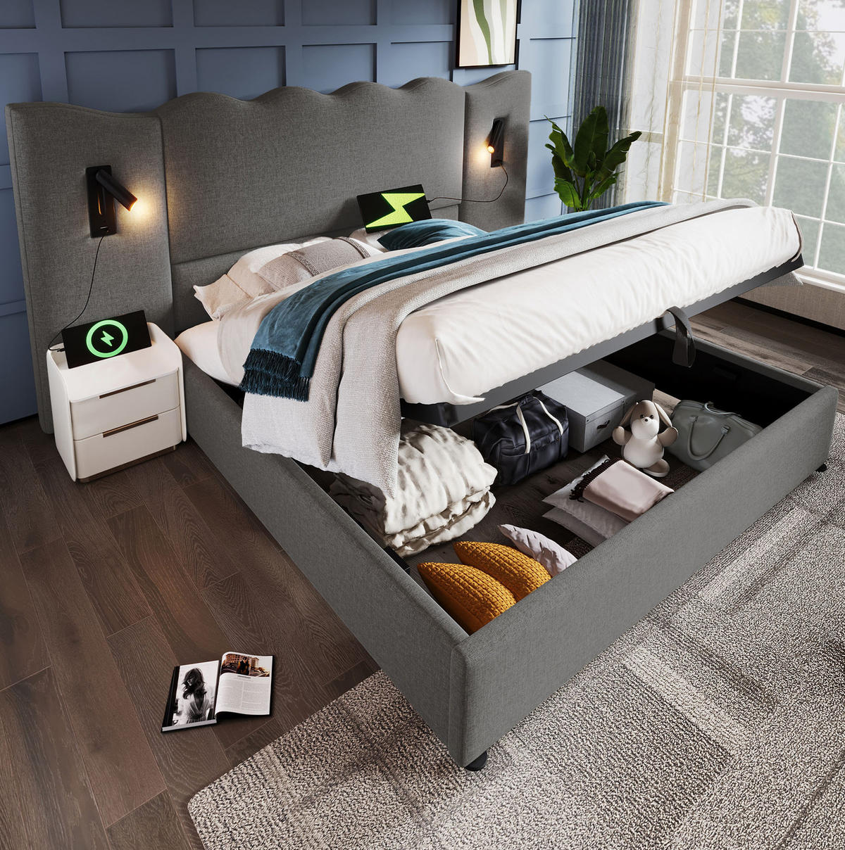 POLSTERBETT aus Leinen 180x200 cm in Grau mit Leselampe & USB-C-Ladefunktion - Grau, Textil (180/200cm) - Modfu