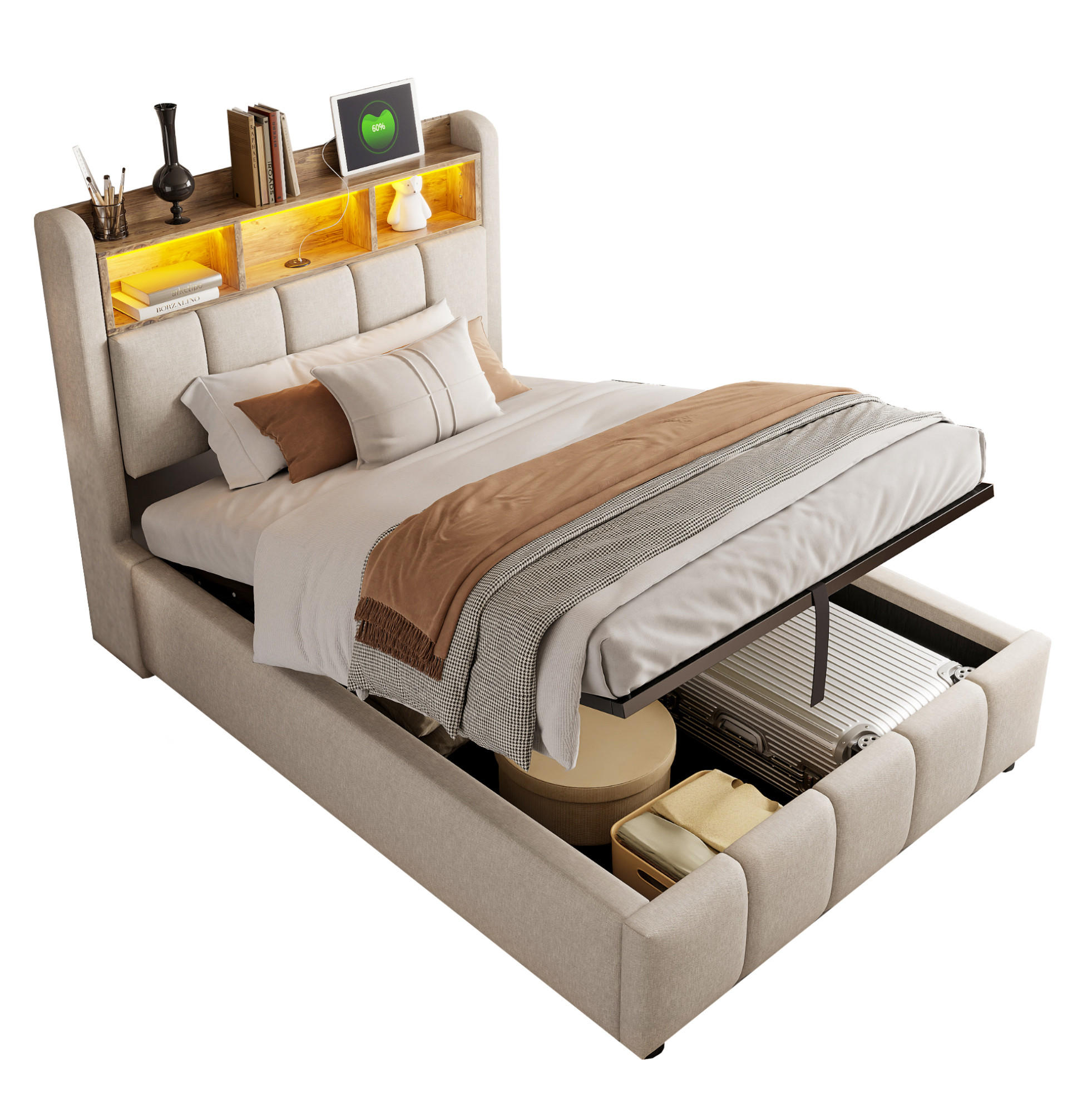 POLSTERBETT aus Leinenstoff 90x200 cm Beige mit LED-Beleuchtung, USB-C-Anschluss und hydraulischem Bettkasten - Beige, Textil (90/200cm) - Modfu