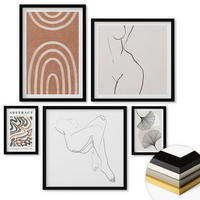 WANDBILDER 5er-Set - 50x50 cm & 20x30 cm & 40x60 cm Schwarzer Rahmen - Abstrakte Boho-Blattformen - Schwarz, Kunststoff (40/60cm) - ArtPrintCave