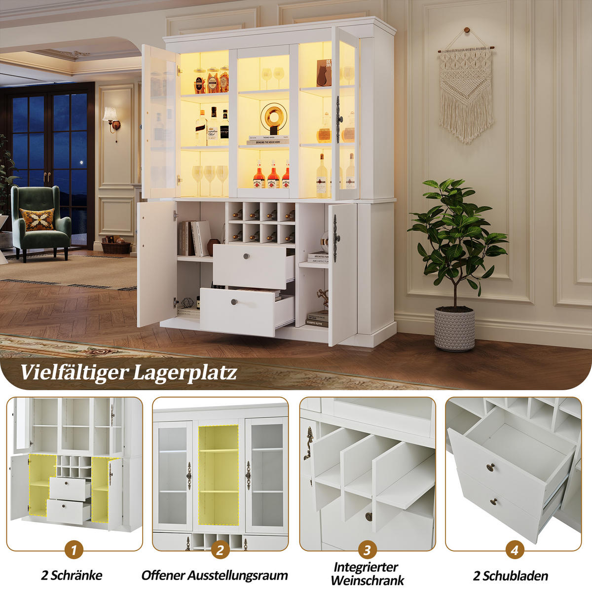 VITRINE LED 130cm 4 Türen 2 Schubladen Weinregal Weiß - Weiß, Glas (130/170.5/37.5cm) - FLIEKS