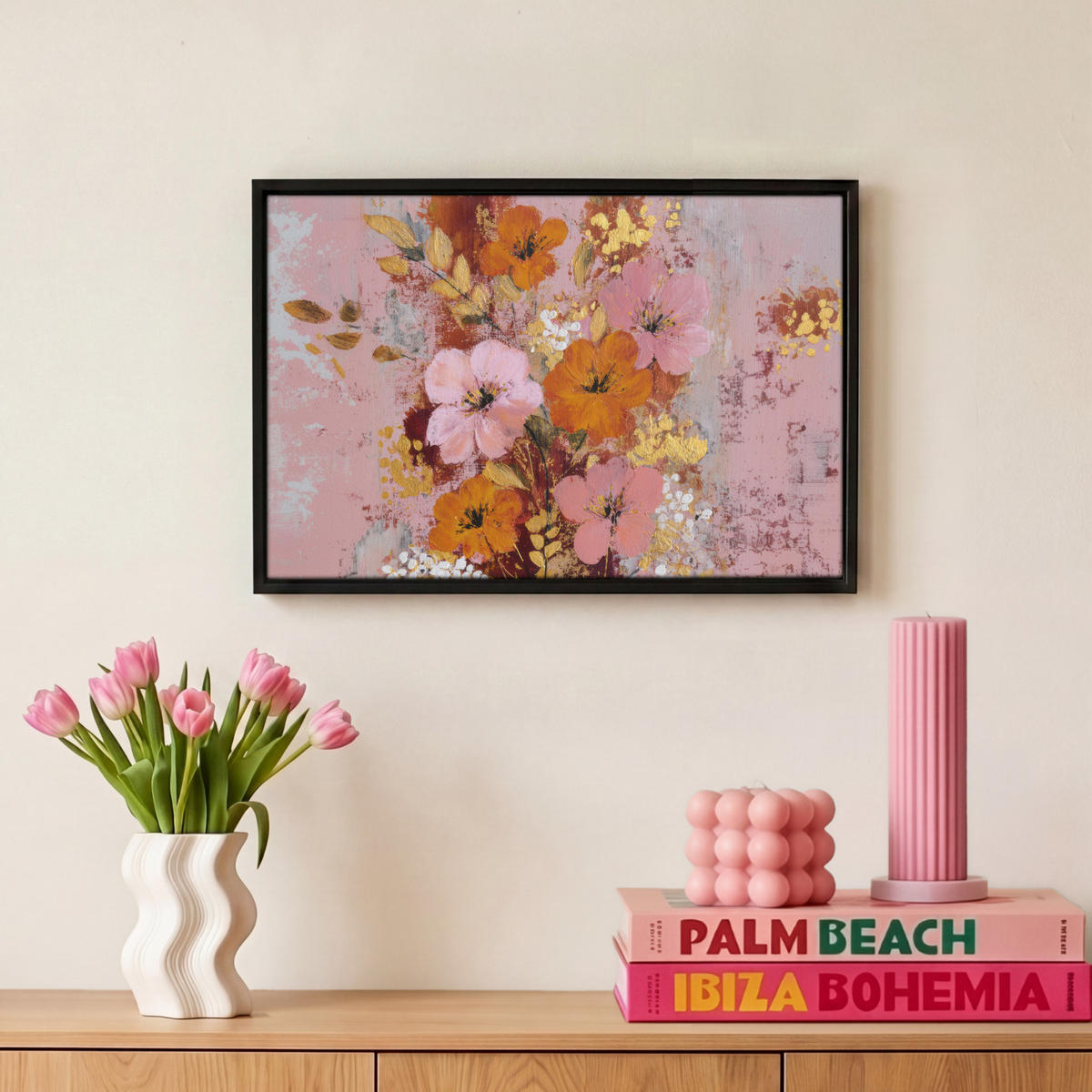 LEINWAND Bilder mit Rahmen - Malerei - Blumen - Rustikal - Rosa - 30x20 - Altrosa, Textil (30/20cm) - MuchoWow