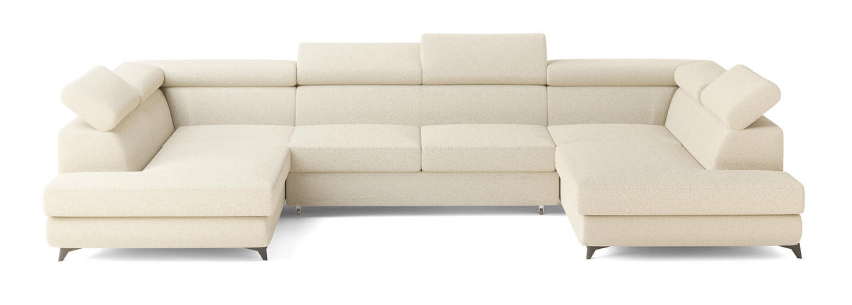 WOHNLANDSCHAFT VINTESSA Creme Boucle-Stoff mit Schlaffunktion - Creme, Holz (323/89/190cm) - MASSENO