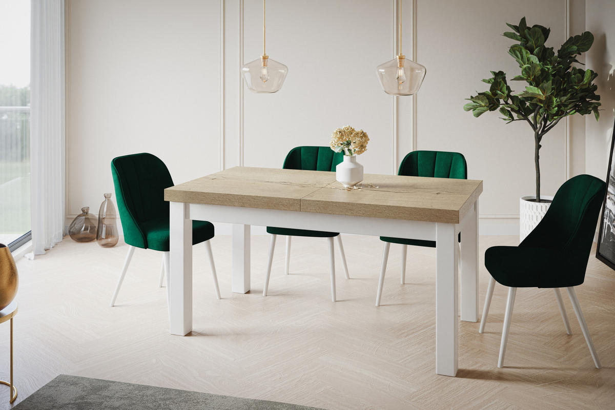 ESSZIMMERTISCH CLASSIC, ausziehbarer Tisch 160-210X90X78 cm, Farbe: HALIFAX, mit Holzbeinen in Farbe Weiß - Weiß/Naturfarben, Holzwerkstoff (160/90/78cm) - Alpi-Möbel