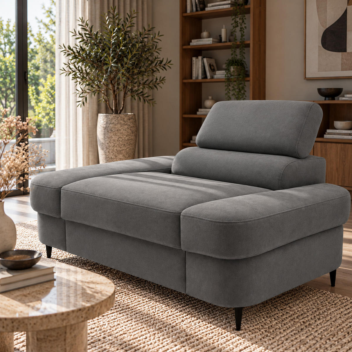 SESSEL PRIAM mit verstellbare Kopfstütze Velours Dunkelgrau - Dunkelgrau/Schwarz, Holz/Textil (145/97/105cm) - Muffo