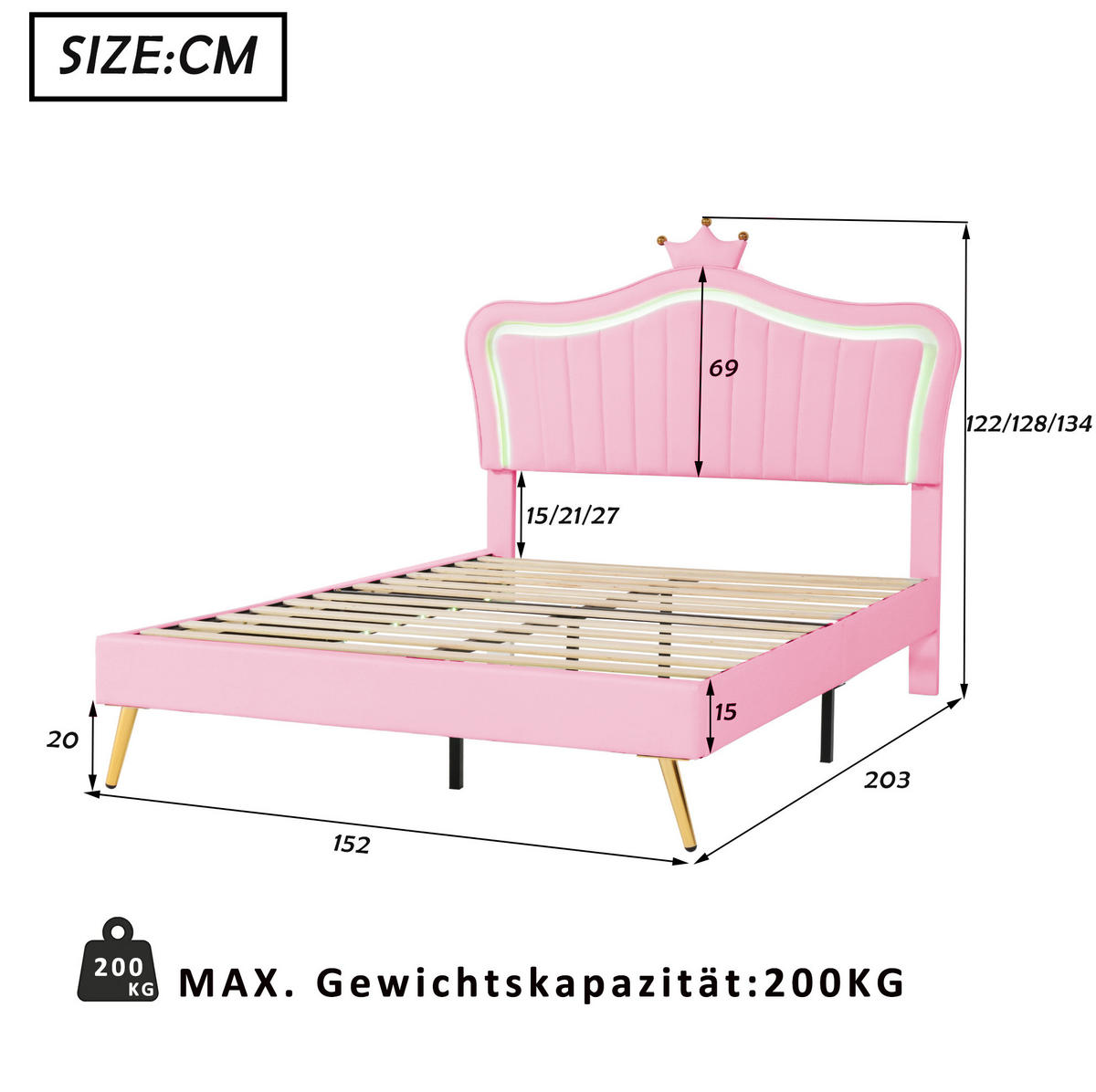POLSTERBETT mit LED-Beleuchtung 140/200 cm in Rosa mit gepolstertem Kopfteil - Pink, Textil (140/200cm) - BEAOK