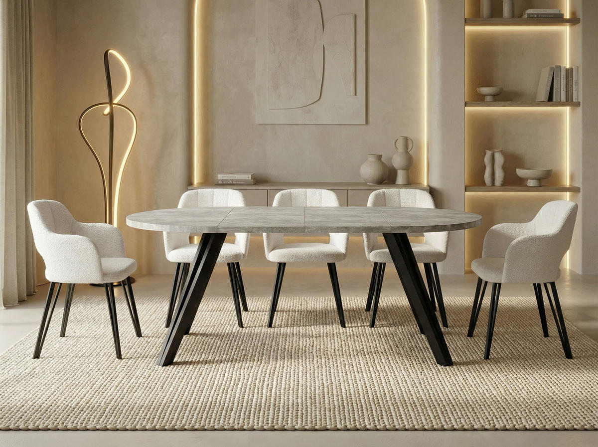 ESSTISCH Ravero runder ausziehbarer, Beton grau 100-180/100/77 cm - Hellgrau/Schwarz, Holz/Holzwerkstoff (100/100/77cm) - WFL GROUP