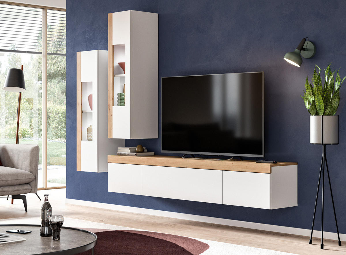 TV-LOWBOARD weiß, Eiche 180 cm, TV-Unterteil stehend/hängend - Schwarz/Weiß, Holzwerkstoff/Kunststoff (180/34/33cm) - Inn.Furn