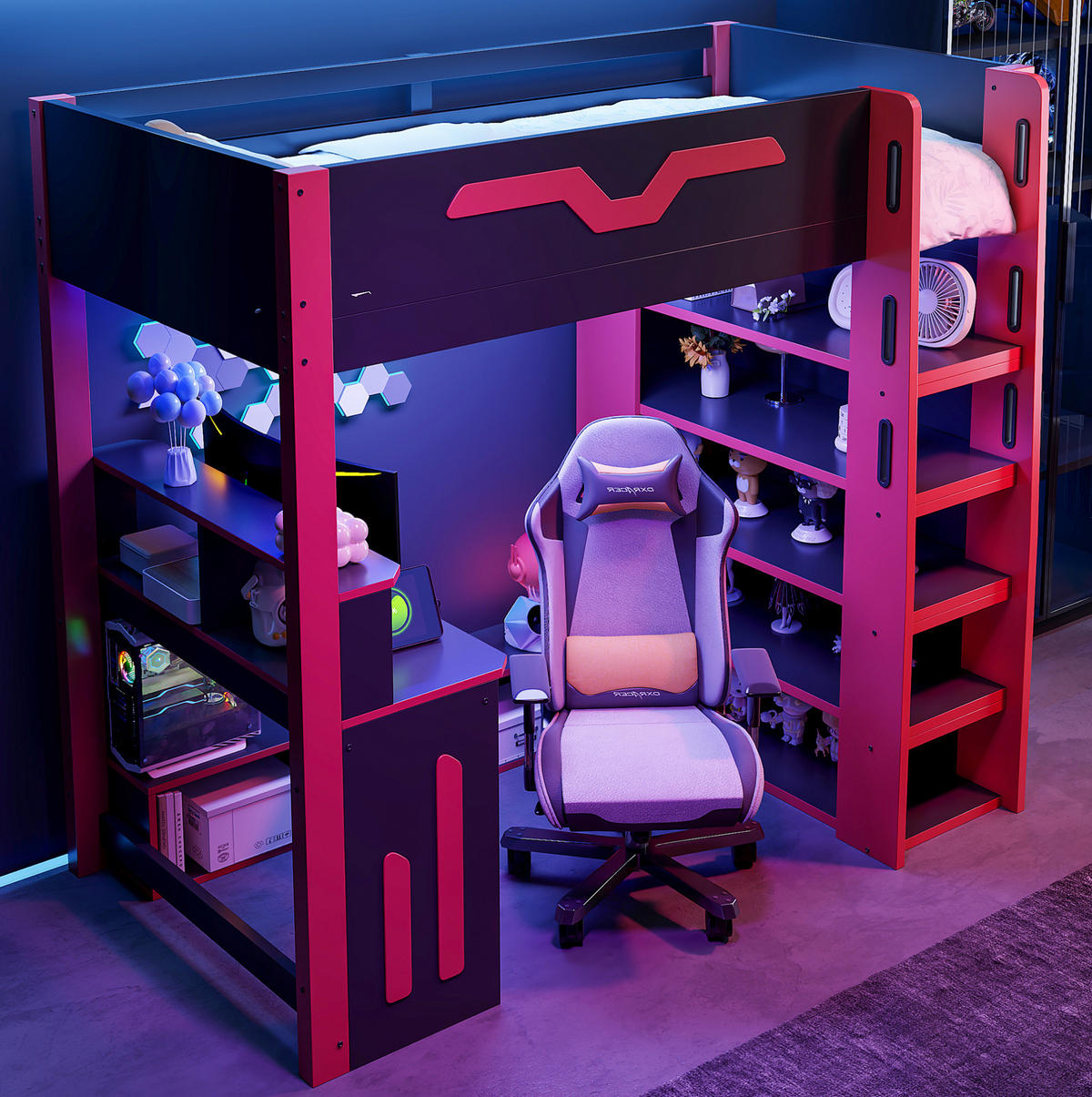 HOCHBETT 90/200 cm aus Holzwerkstoff und Kiefer mit Schreibtisch, Stauraumtreppe und LED Schwarz/Rot - Schwarz, Holzwerkstoff (90/200cm) - Modenvie