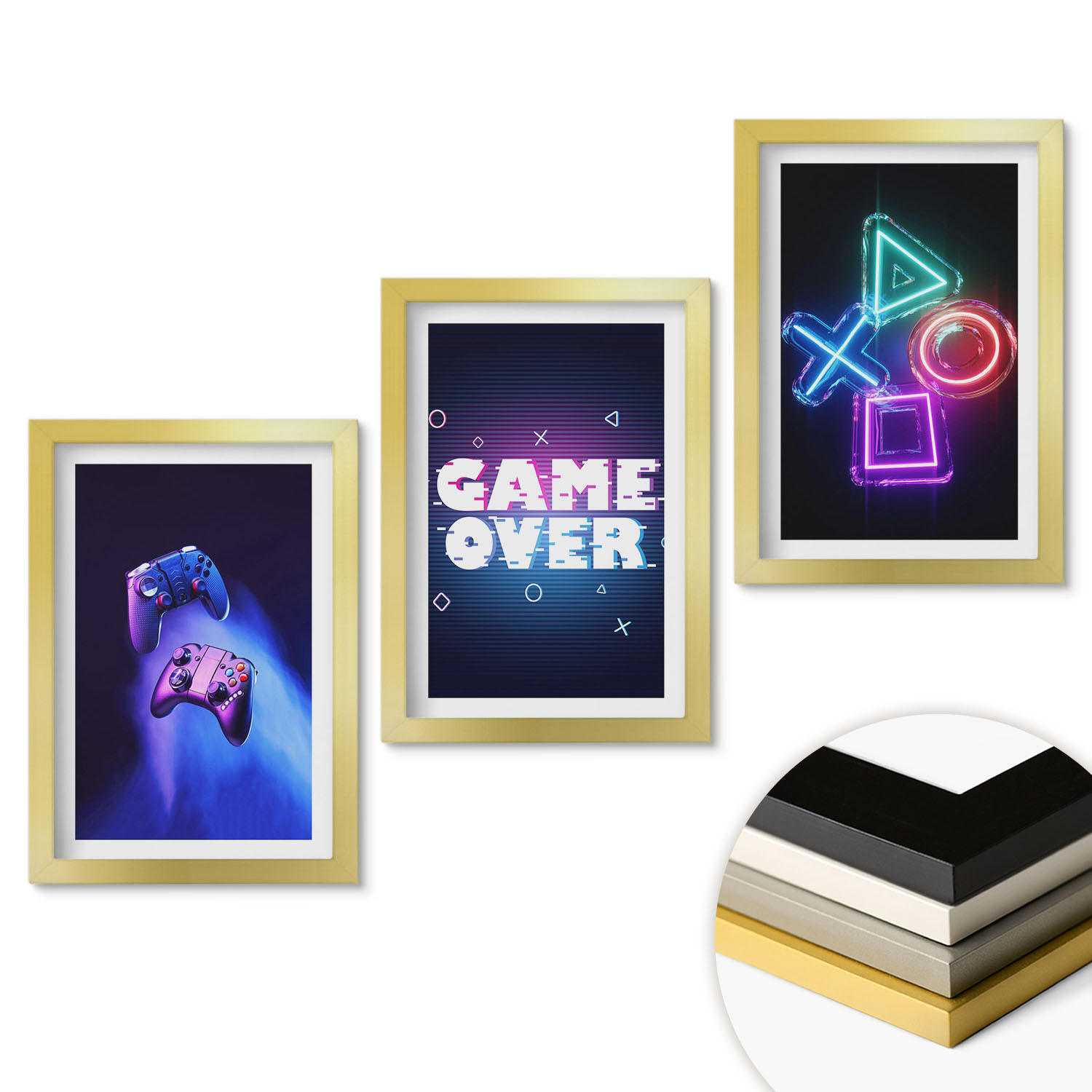 WANDBILDER 3er Set - 20x30 cm Goldrahmen - Game Over Gamepads - Goldfarben, Kunststoff (20/30cm) - ArtPrintCave