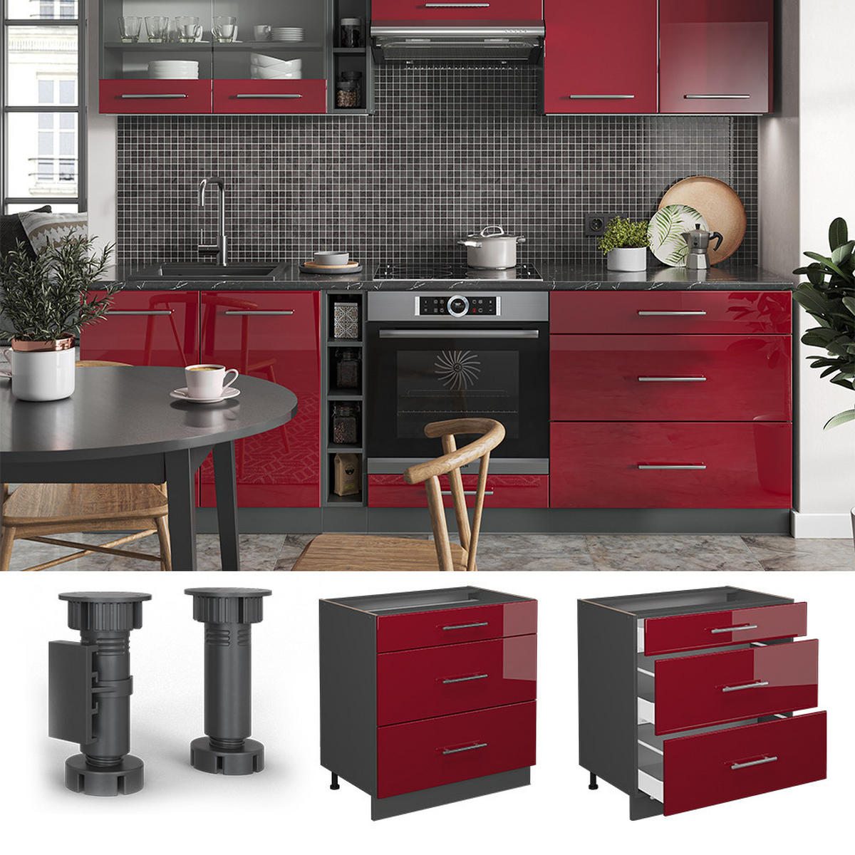 KÜCHENUNTERSCHRANK Fame-Line Bordeaux Hochglanz 80 cm AP Anthrazit - Bordeaux/Anthrazit, Holzwerkstoff (80/82/60cm) - Vicco