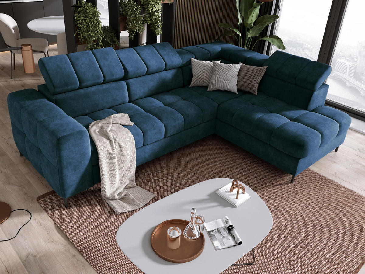 ECKSOFA PABLOS Cloud, L-förmig, Moderne, mit verstellbarem Kopfteil, Schlaf- & Lagermöglichkeiten, freistehend, RECHTS 279x201x97 cm Blue - Blau, Holz/Textil (279/201cm) - DomoHome