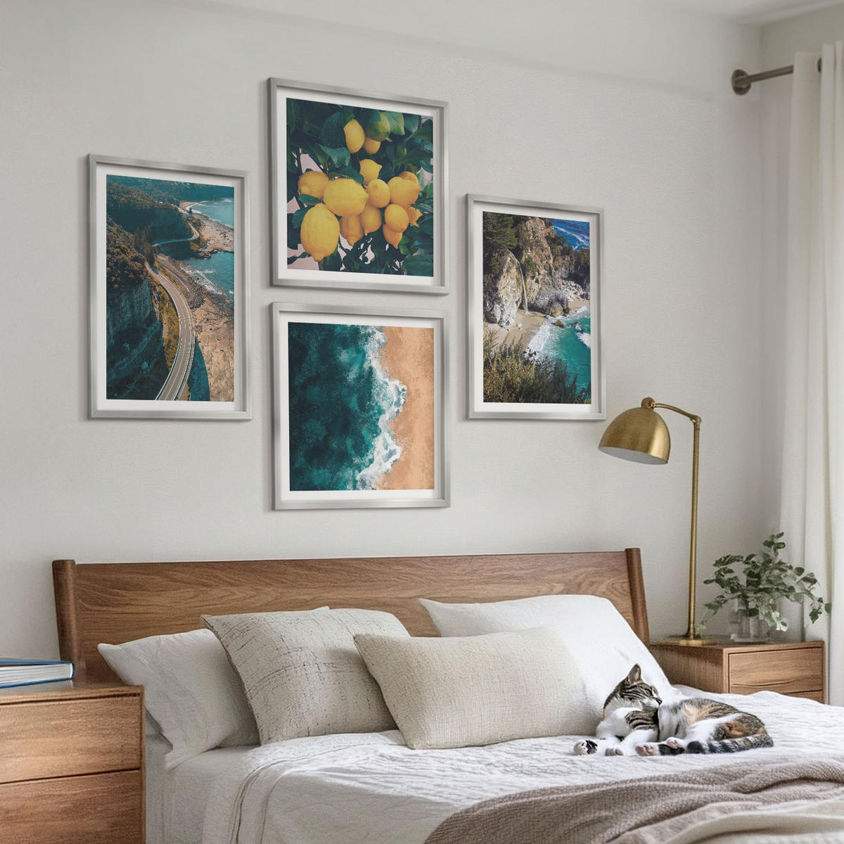 BILDER SET 4er Set - 50x50 cm & 40x60 cm Silberner Rahmen - Meerstrand Zitronen Berge - Silberfarben, Kunststoff (50/50cm) - TULUP
