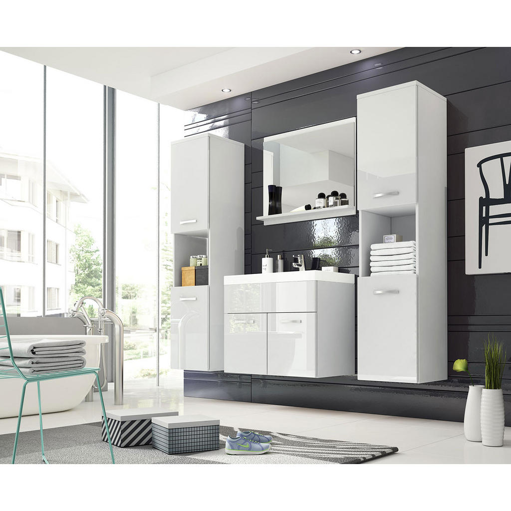 Thumbnail - Feldmann-Wohnen Badmöbel-Set, Weiß, Weiß Hochglanz, Holz, 12 Fächer, Rechteckig, 121x132x35 cm, Badezimmer, Badmöbelsets...