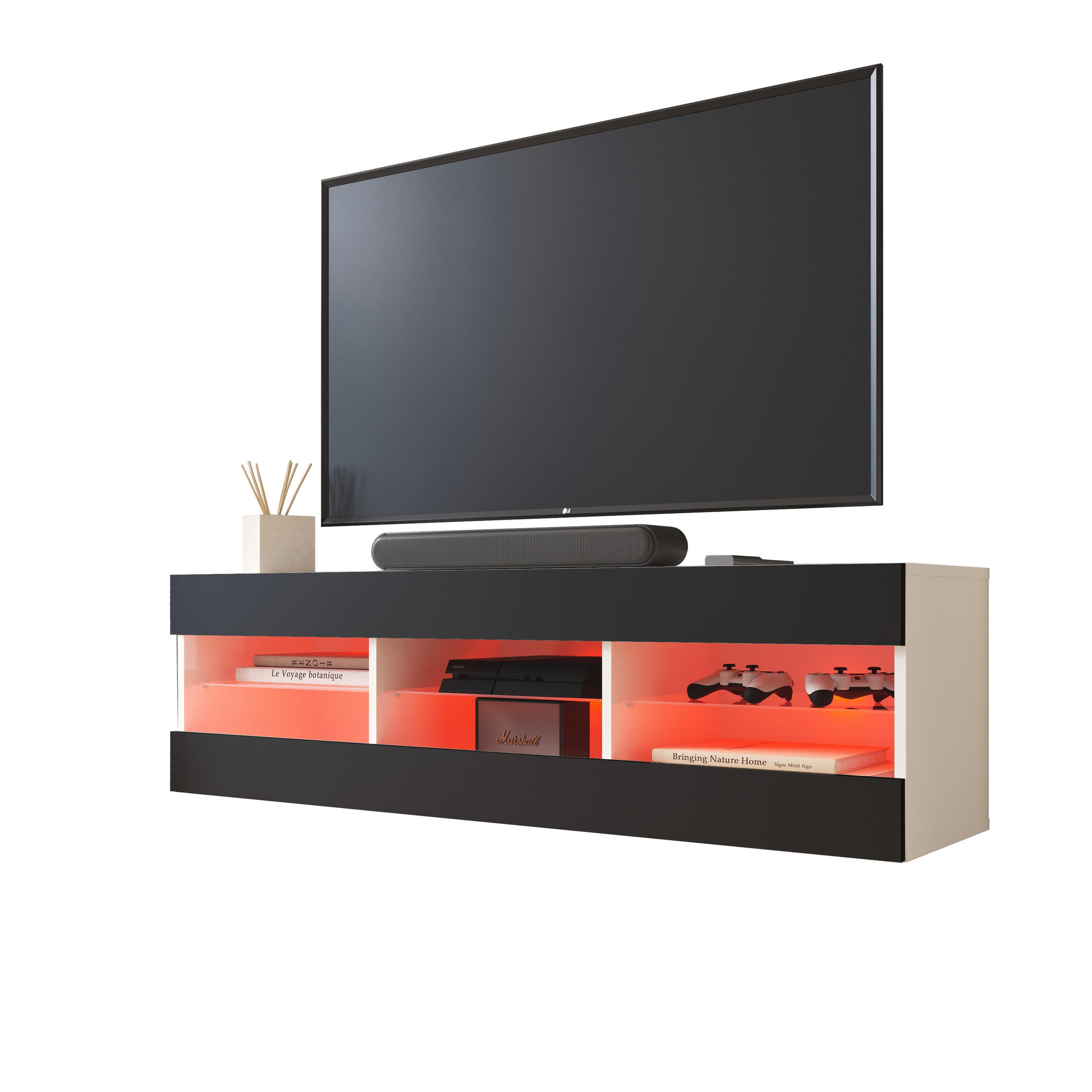 LOWBOARD TIVOLI RTV 140, Schwarz, LED Mehrfarbige - Schwarz/Weiß, Glas/Holzwerkstoff (140/40.5/35.5cm) - Komodee