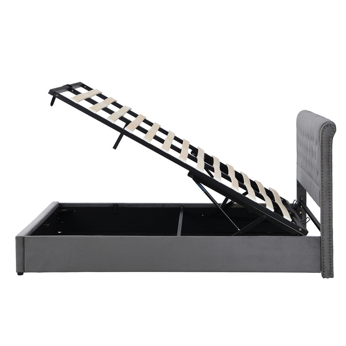 POLSTERBETT 140/200 cm Grau mit Hydraulikbettkasten und Nietenverzierung - Grau, Textil (140/200cm) - OKWISH