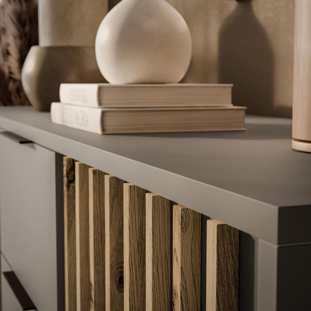 KOMMODE NELA, zweitürig mit Lamellen, Grau/Artisan - Grau, Holzwerkstoff (155/86/45cm) - Lookway