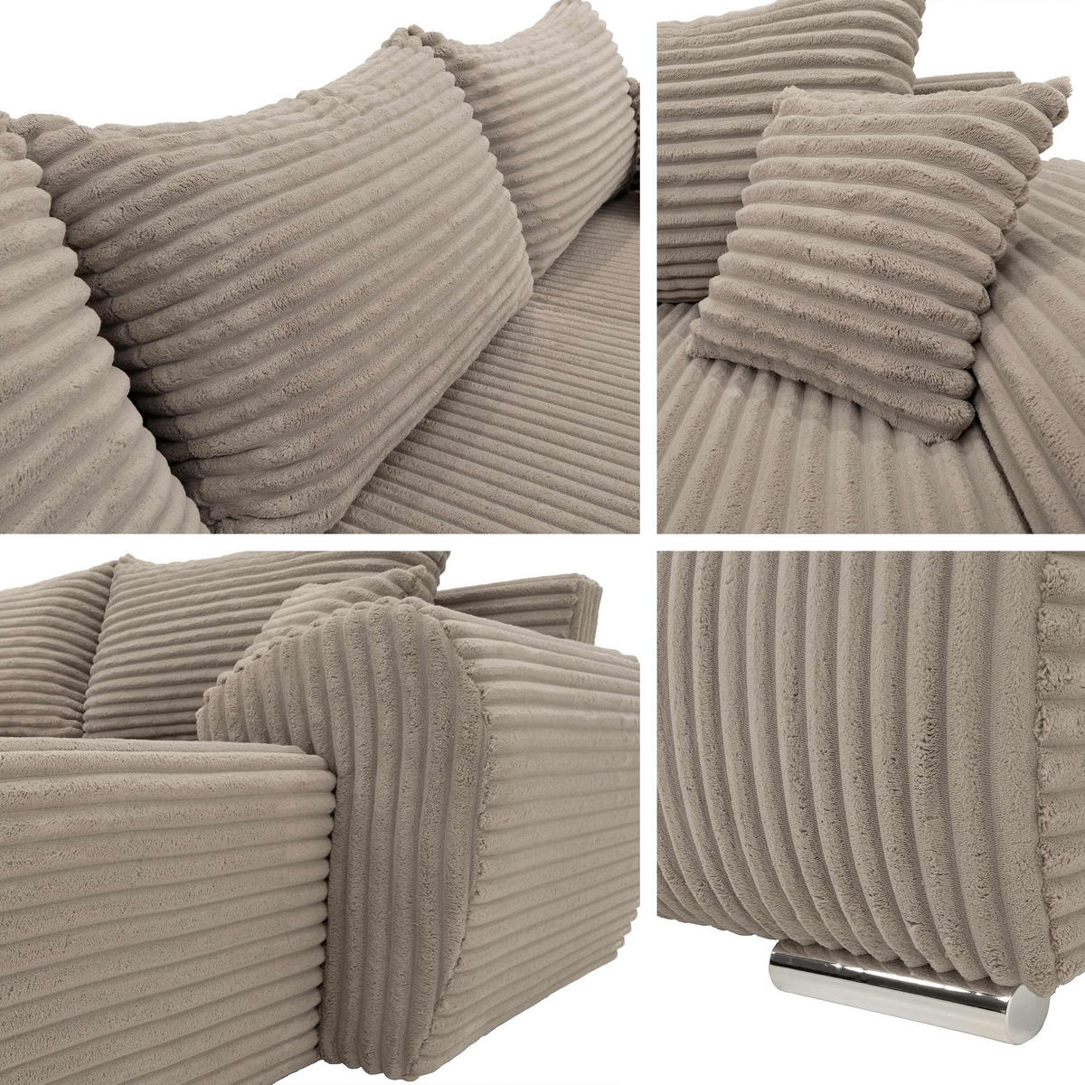ECKSOFA Ubo L Cord, Seite: Links - Silberfarben/Creme, Holz/Kunststoff (282/187cm) - MIRJAN24
