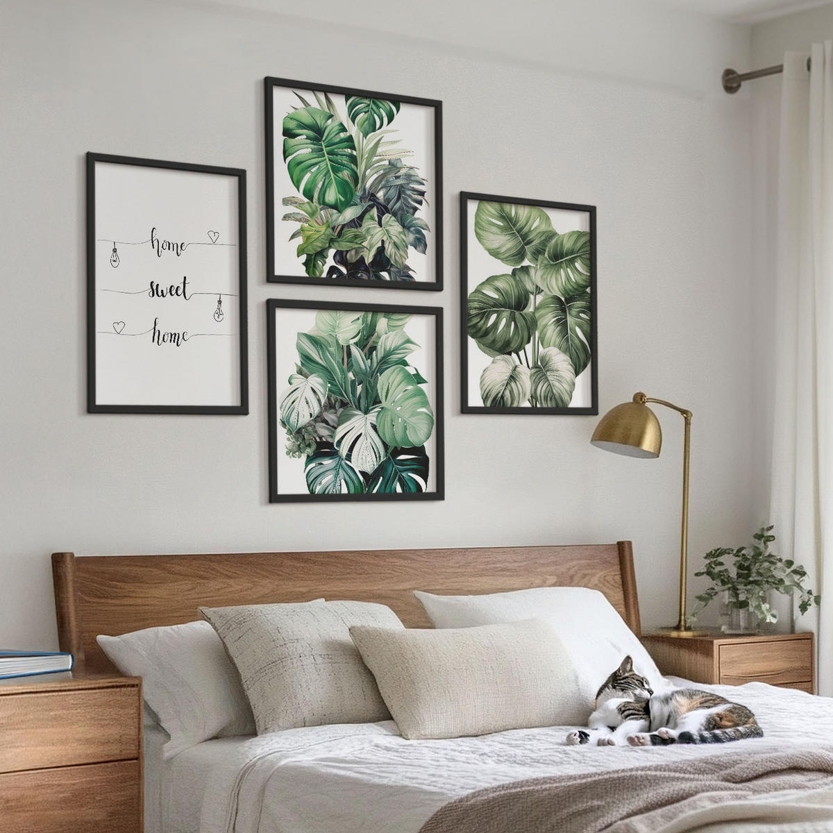 WANDBILDER 4er-Set - 50x50 cm & 40x60 cm Schwarzer Rahmen - Aquarell-Monstera-Blätter - Schwarz, Kunststoff (50/50cm) - ArtPrintCave