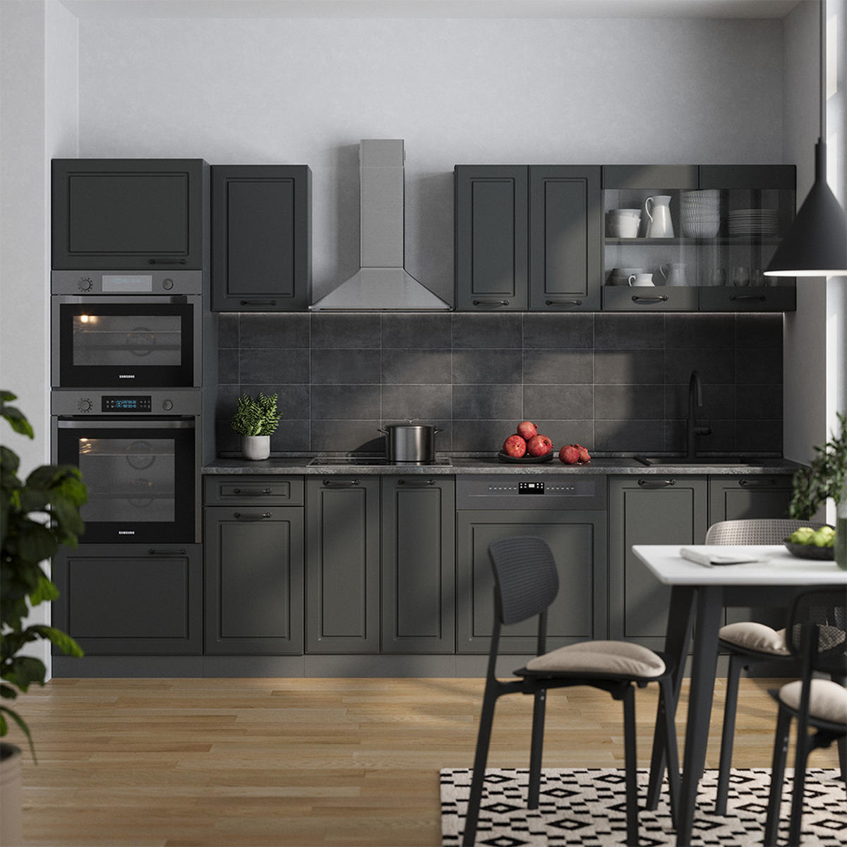 KÜCHENZEILE R-Line Anthrazit Landhaus/Anthrazit 300 cm mit Hochschrank, ohne Arbeitsplatte - Anthrazit, Holzwerkstoff (300/81.6/46cm) - Vicco