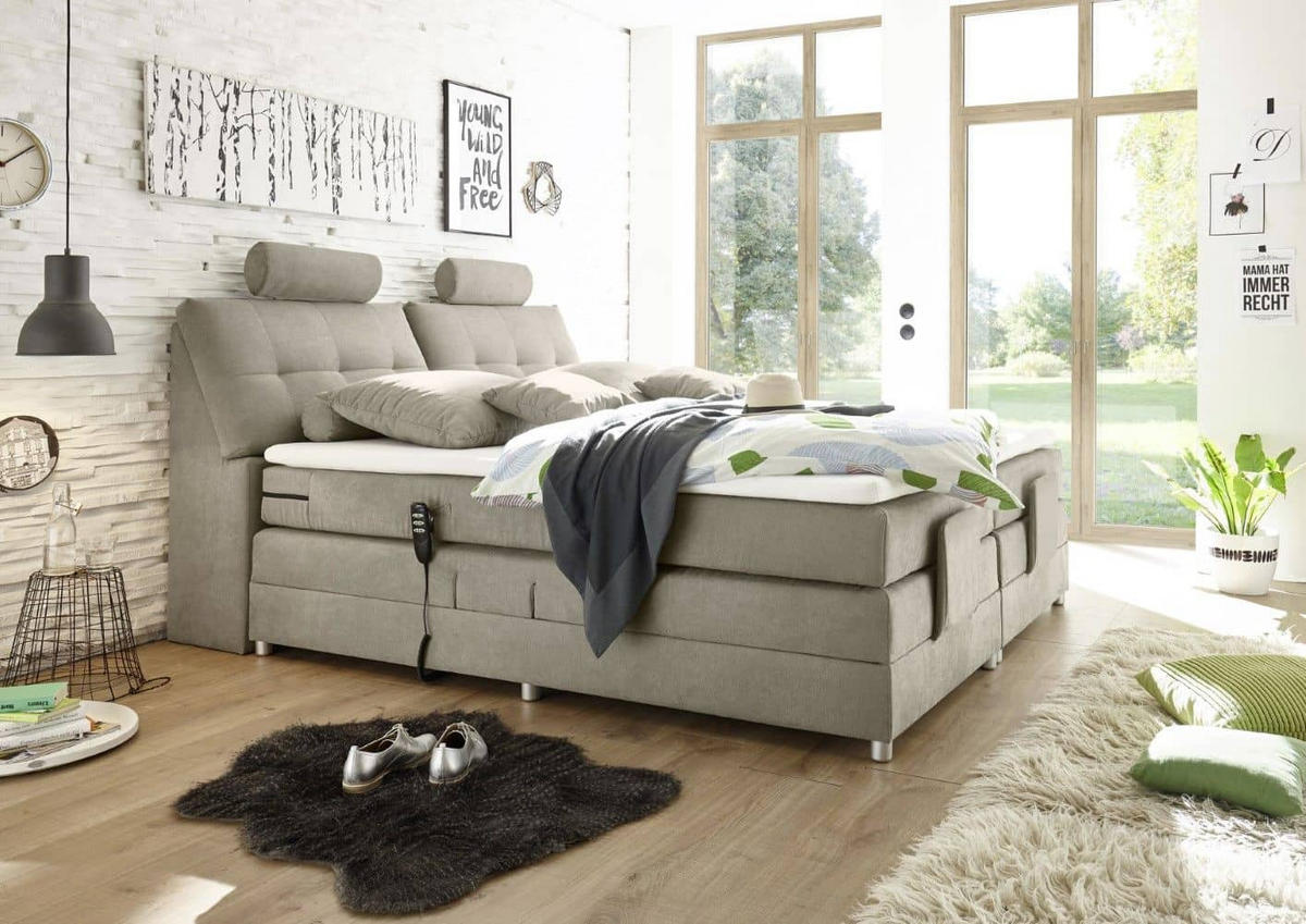 BOXSPRINGBETT inkl. Elektrofunktion, 7-Zonen-Tonnentaschen-Federkernmatratze und Komfort T25 Schaumtopper - Taupe/Beige, Holz/Holzwerkstoff (180/200cm) - ed exciting design