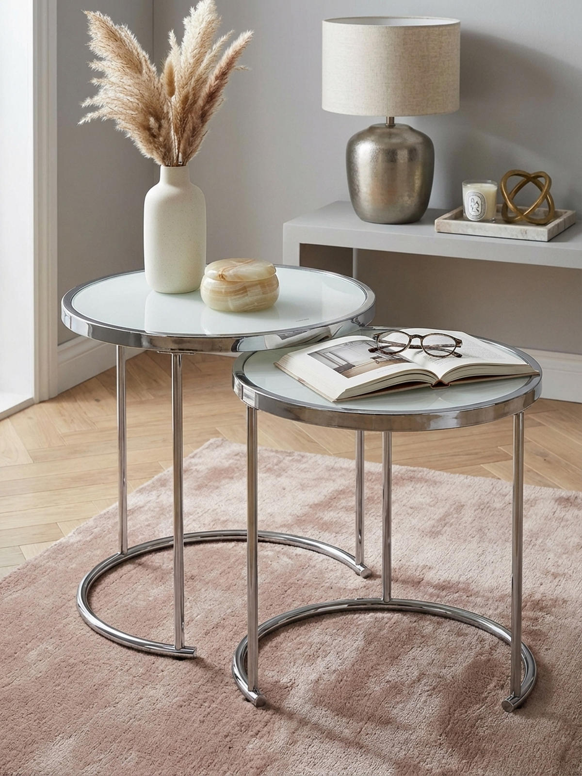 COUCHTISCH Set – Rund Glas 2-teilig mit Stauraum platzsparend - Silberfarben, Glas/Metall (50/50/50cm) - KADIMA DESIGN