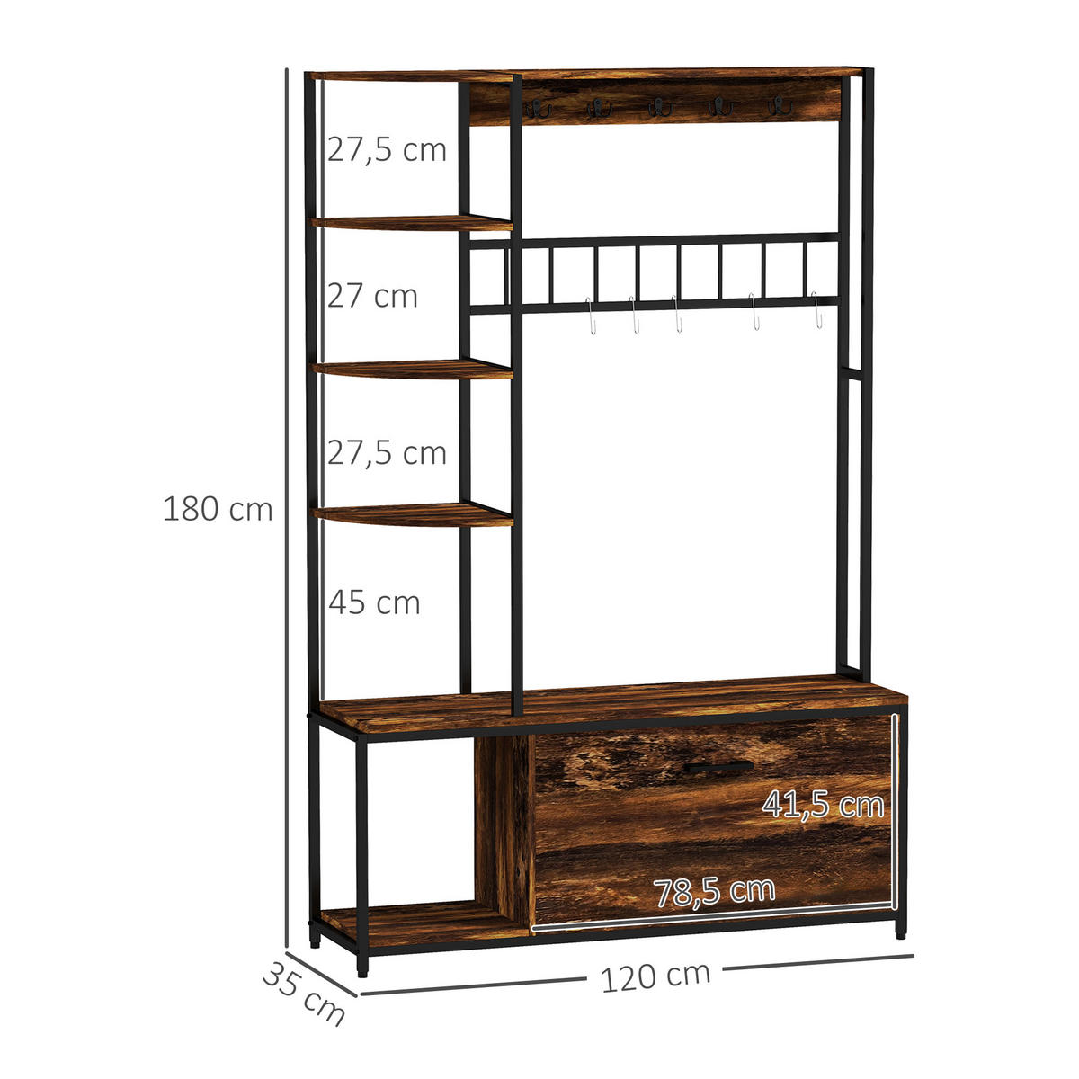 GARDEROBENSTÄNDER DE-17879 10 Haken & 2-stufiger Schuhschrank Braun - Braun, Holzwerkstoff (35/180/120cm) - ComfortXL
