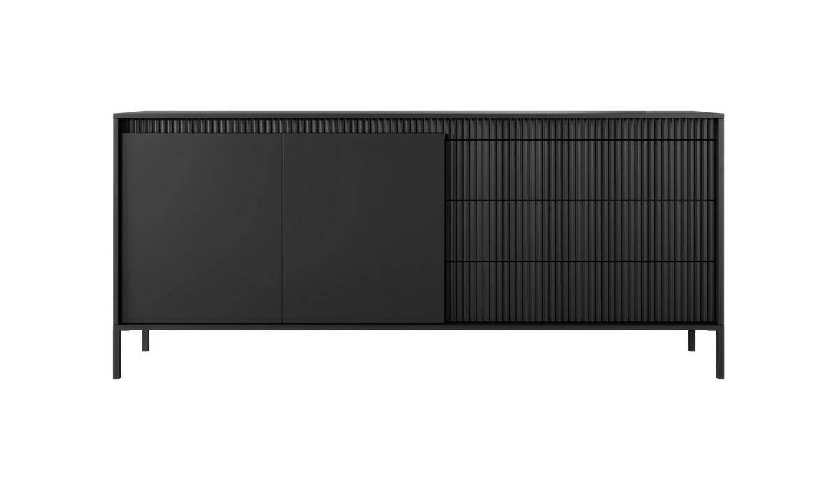 ​KOMMODE SENSO 2D3S, Geriffelte MDF-Fronten, Push-to-Open, Metallfüße, 187x81,4x39,5 cm - Schwarz - Schwarz, Holz/Holzwerkstoff (187/82/40cm) - DomoHome