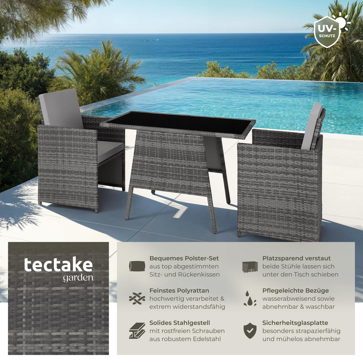 RATTAN SITZGRUPPE Lausanne,zusammenschiebbar,grau - Grau, Kunststoff - tectake