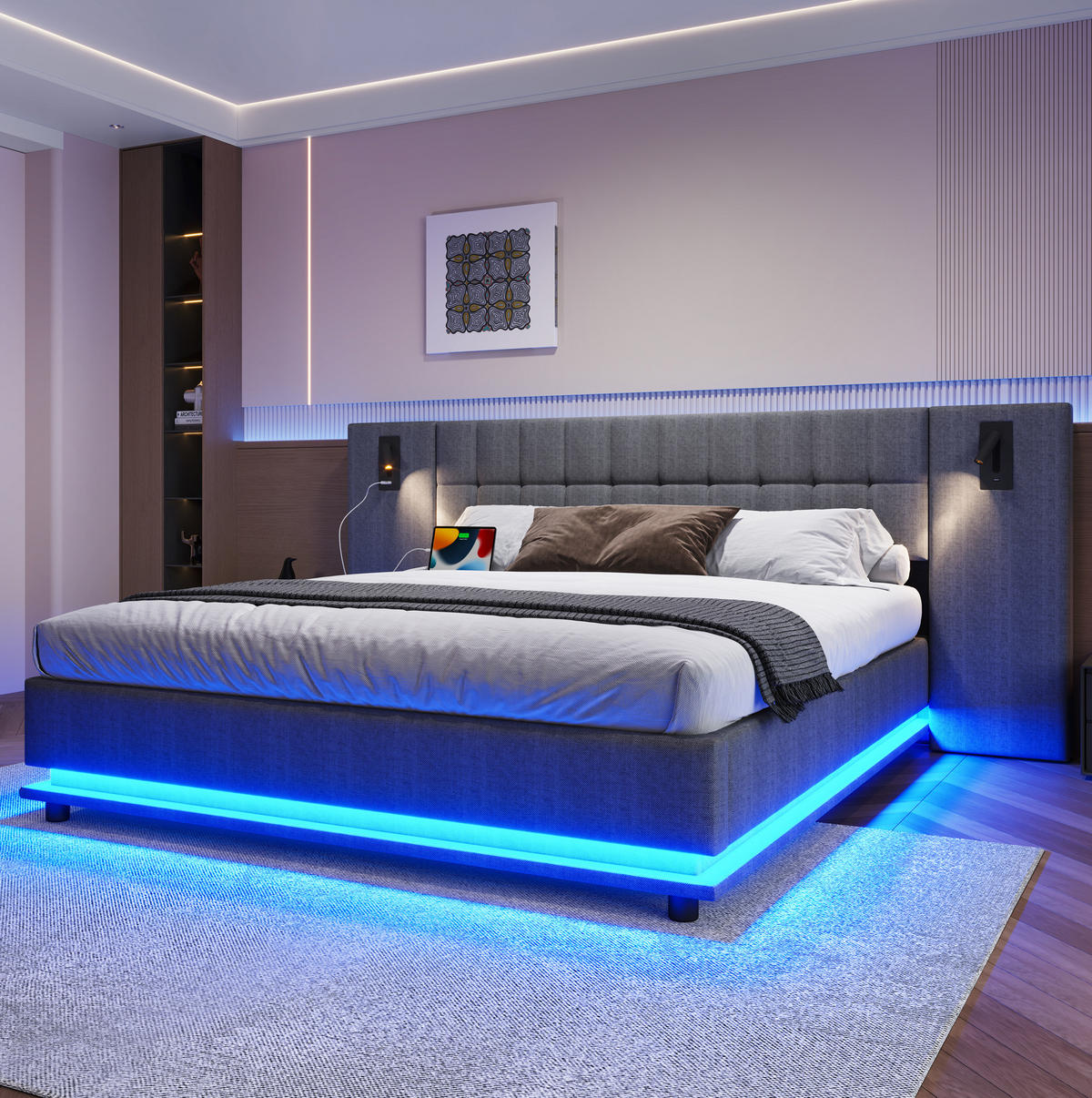 ČALÚNENÁ posteľ z ľanu 180x200 cm sivá s LED osvetlením, USB portom, bodovým svetlom a bez matraca - sivá, textil (180/200cm) - Modfu