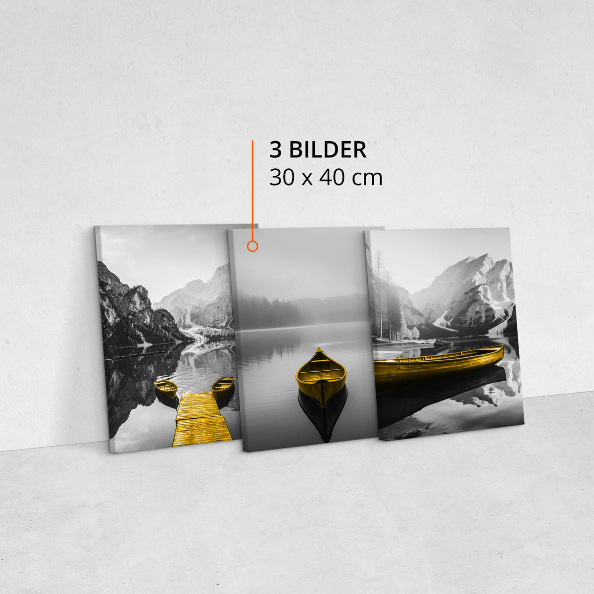 LEINWANDBILDER 3-es Set Bergen See 3D - Gelb/Schwarz, Textil (90/40cm) - Muralo