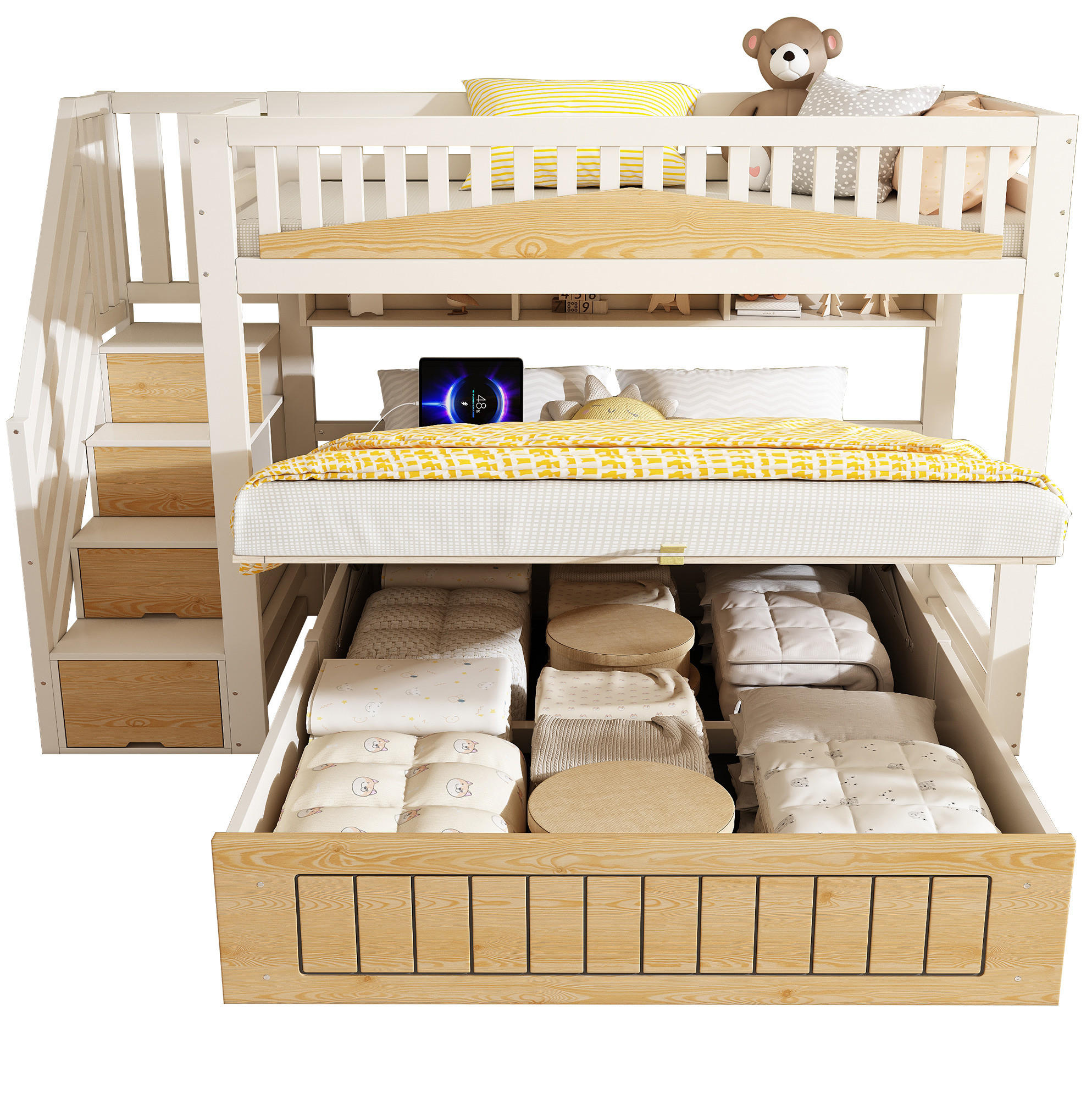 ETAGENBETT 90/140x200 cm in Weiß/Natur mit Stauraum und USB- und Type-C-Anschlüssen - Weiß, Holzwerkstoff (90/200cm) - Flora Grace