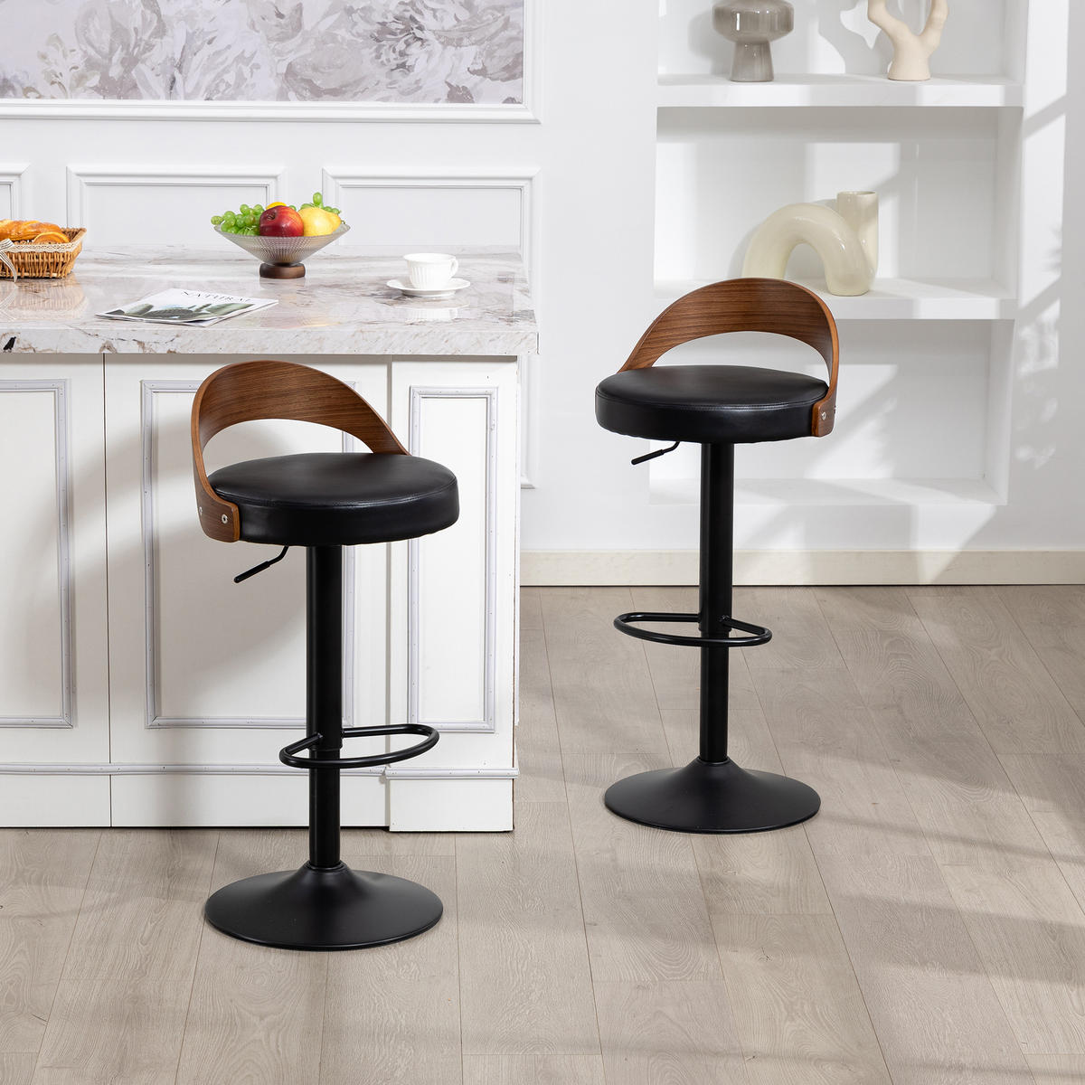 BARHOCKER 2er-Set drehbar mit PU-Sitz und Walnussholz, Schwarz - Schwarz, Kunststoff (42.5/77/42cm)