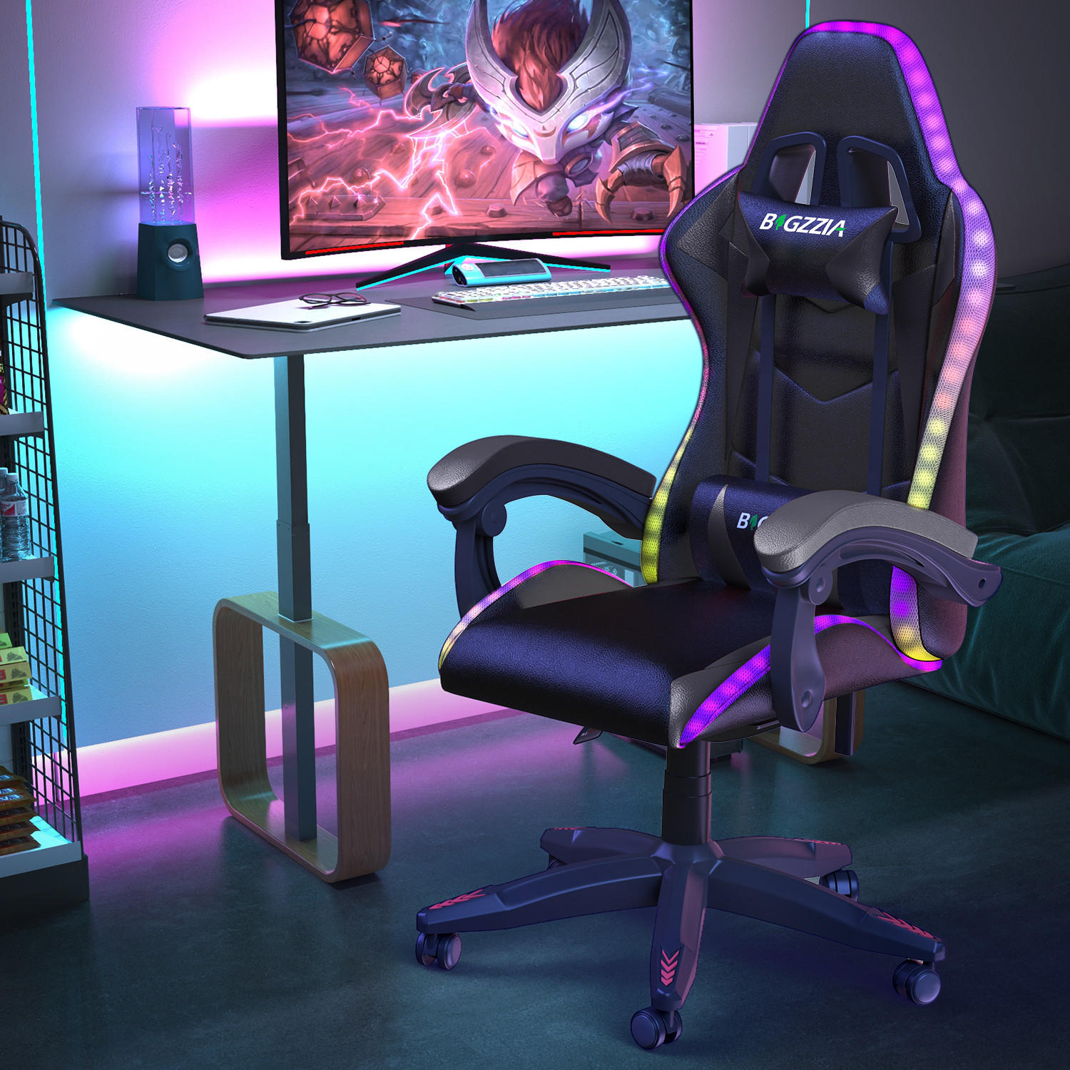 GAMINGSTUHL Schwarz Racing Ergonomisch mit LED-Licht - Schwarz, Leder (29/59/79cm) - Rattrix