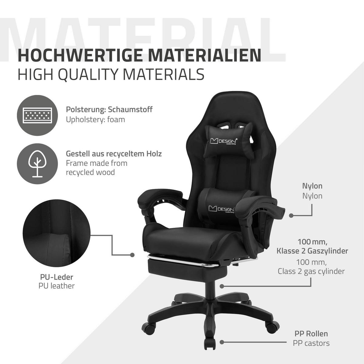 GAMINGSTUHL Schwarz aus Kunstleder - Schwarz, Kunststoff/Metall (62/119/62cm) - ML-DESIGN