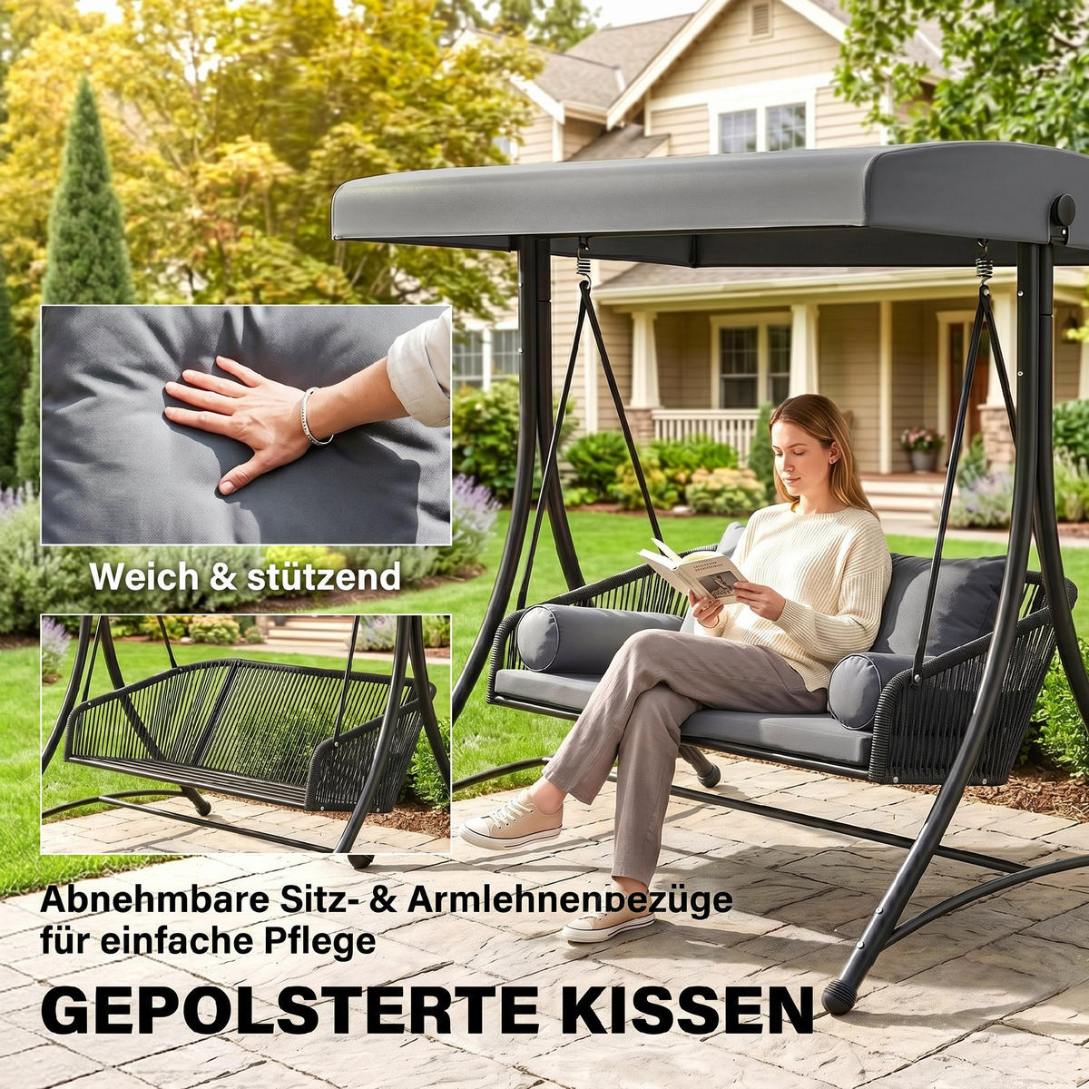 RATTAN-SCHAUKEL Metall Dunkelgrau - Dunkelgrau/Schwarz, Textil/Metall (120/172/178cm) - Outsunny