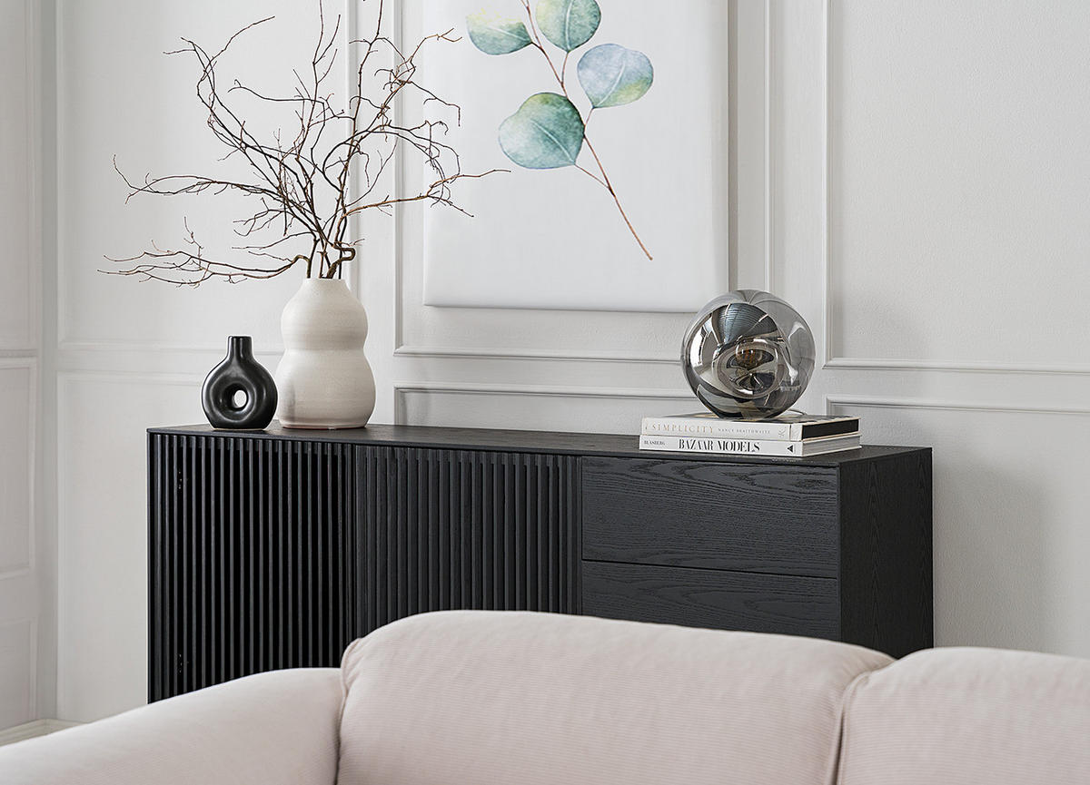 SIDEBOARD mit 3 Schubladen - Esche teilmassiv - Eschefarben/Schwarz, Holz (160/80/40cm) - home24