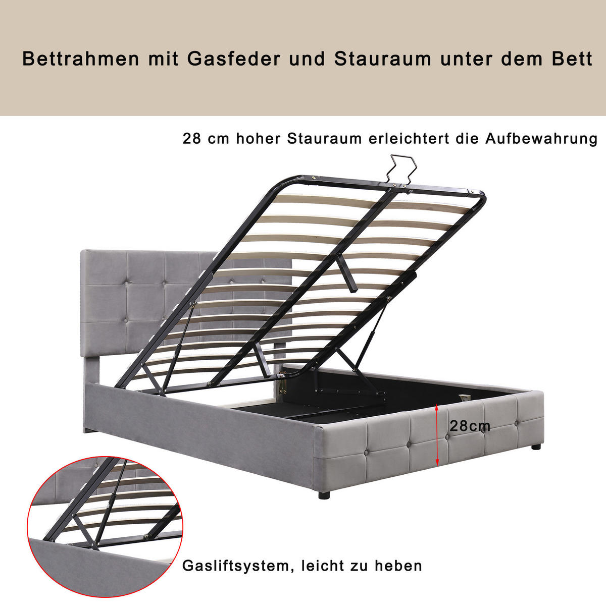 POLSTERBETT 140/200 cm Grau aus Samtstoff mit Bettkasten - Grau, Textil (140/200cm) - OKMYHOME