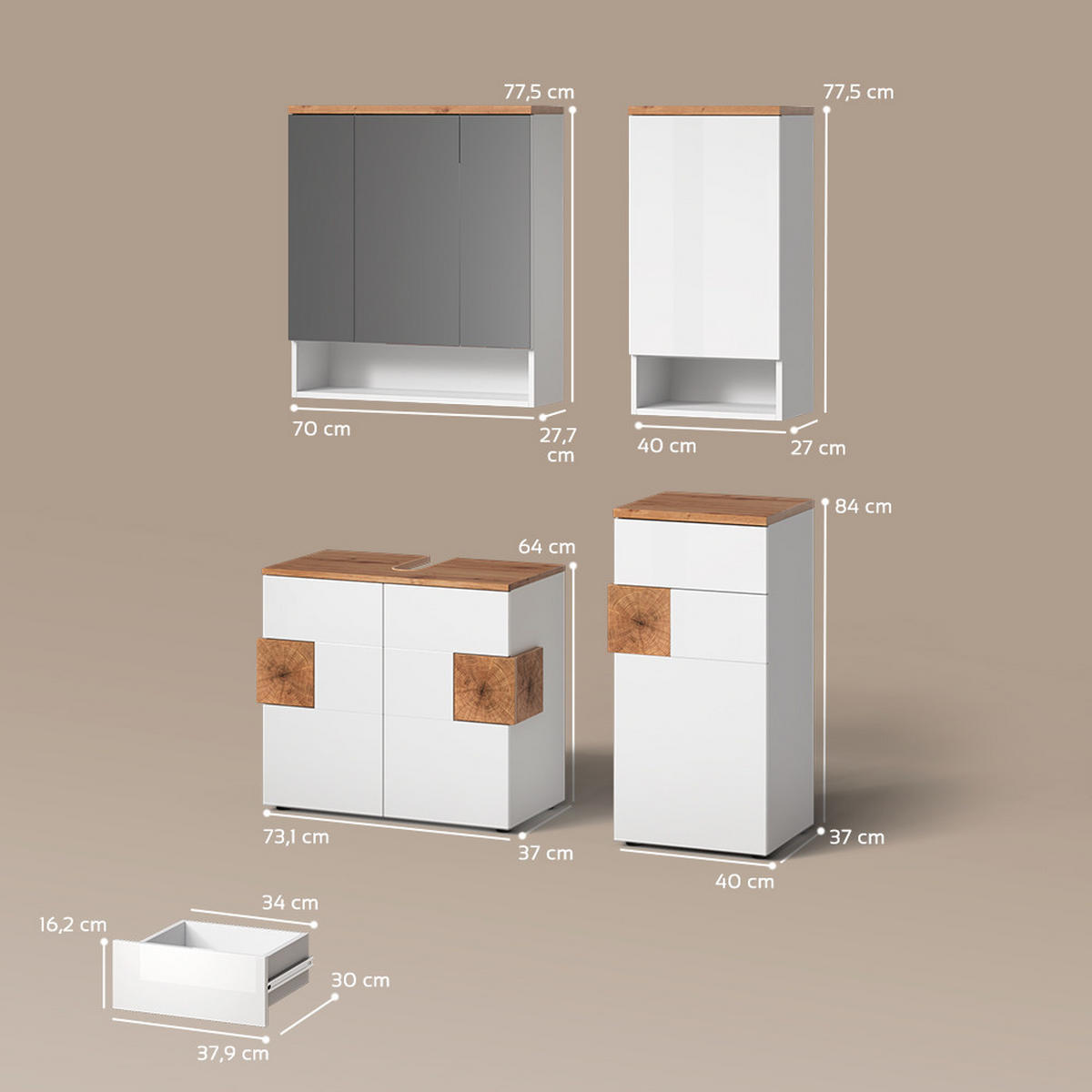 BADMÖBEL-SET Tanaro Weiß 4 Teile - Weiß/Eiche Artisan, Holzwerkstoff (73/64/37cm) - Livinity®