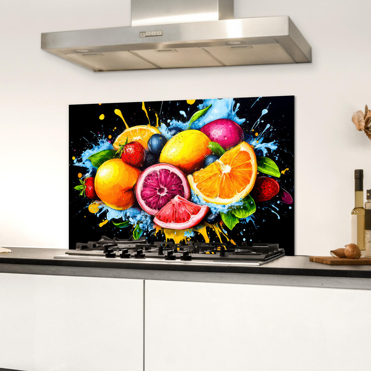 SPRITZSCHUTZ KÜCHE Obst - Graffiti - Bunt - Orange - Erdbeere - Abstrakt 70x50 cm - Orange, Metall (70/0.3/50cm) - MuchoWow