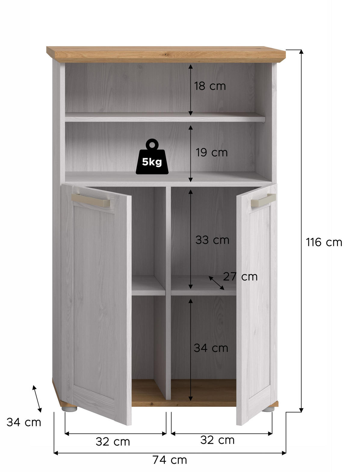 MIDISCHRANK Siena (B/H/T: ca. 74/116/34 cm) in Sibiu Lärche Nachbildung/Sibiu Lärche Nachbildung - Lärchefarben, Holzwerkstoff (74/116/34cm)