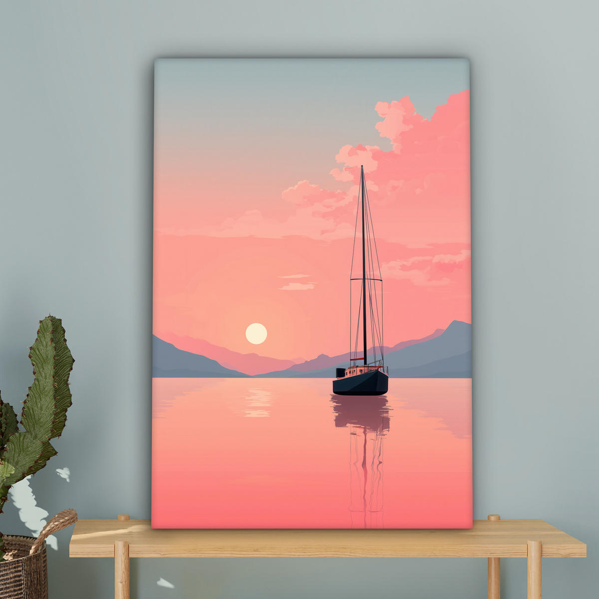 LEINWANDBILD Segelboot - Rosa Meer - Sonnenuntergang - Berge Wanddeko Schlafzimmer 60x90 cm - Rosa, Textil (60/90cm) - MuchoWow
