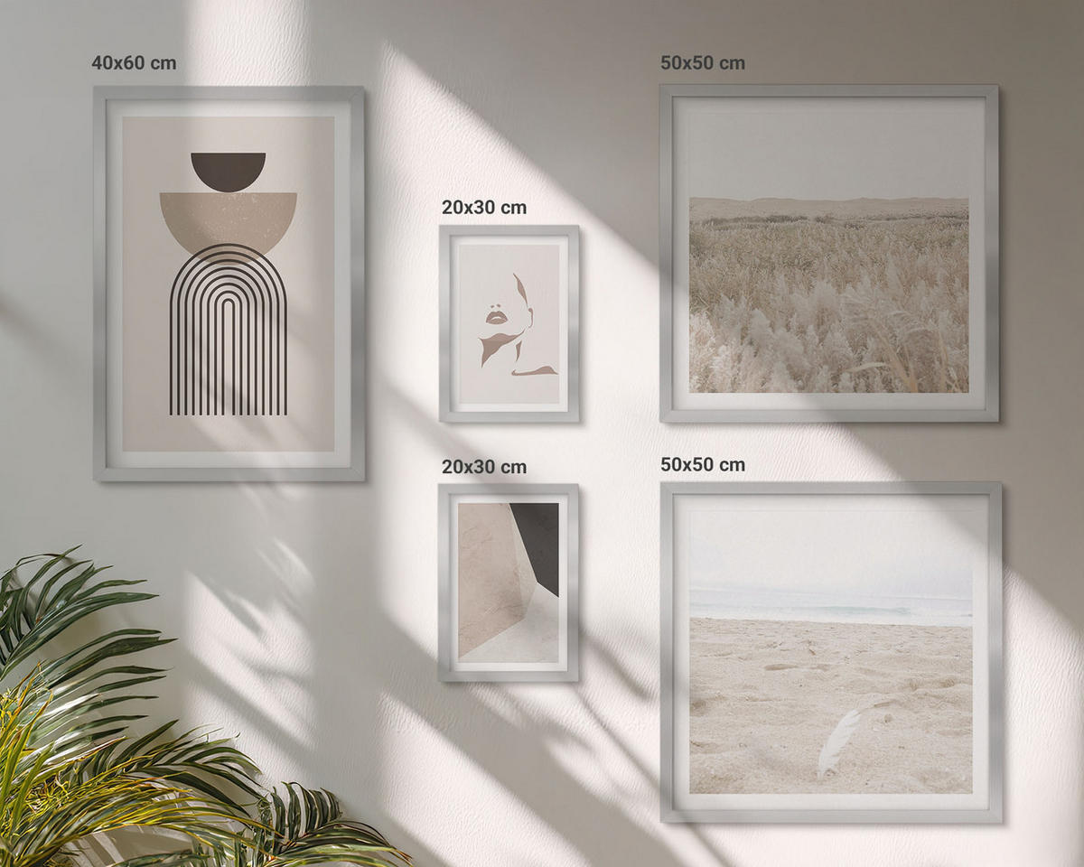 BILDER SET 5er Set - 50x50 cm & 20x30 cm & 40x60 cm Silberner Rahmen - Abstrakte weiß-braune Muster - Silberfarben, Kunststoff (40/60cm) - TULUP