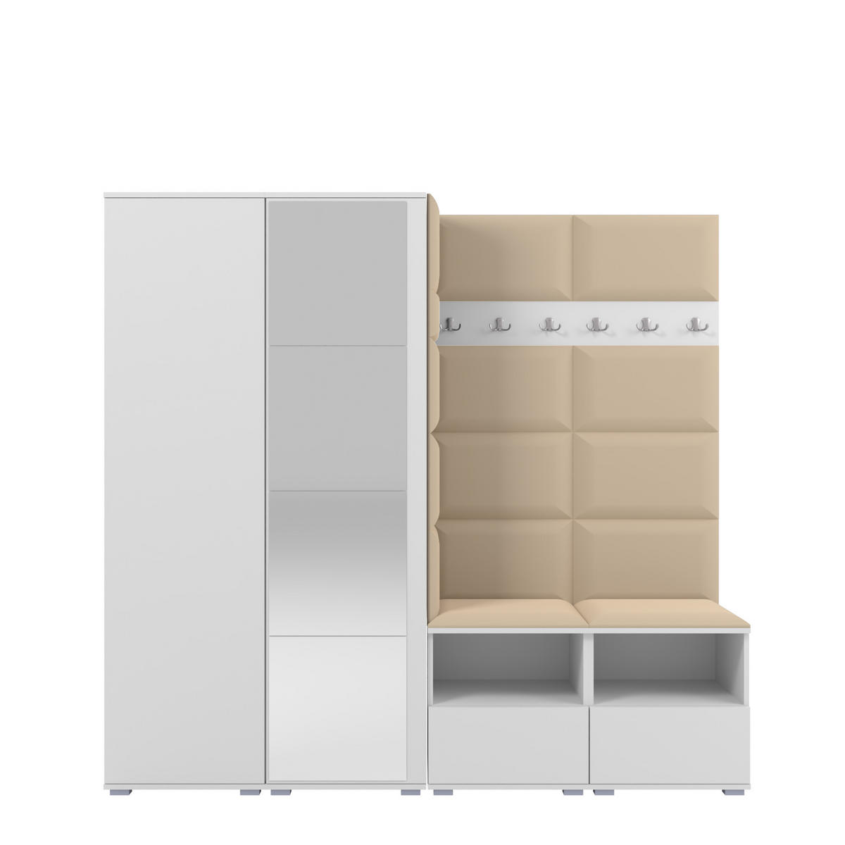 GARDEROBE NELA VI 200 cm (Kompaktgarderobe Weiß mit Spiegel & Sitzpolster Beige 04 Schrank & Paneel) - Beige/Silberfarben, Holz/Holzwerkstoff (200/187/40cm) - Ravio