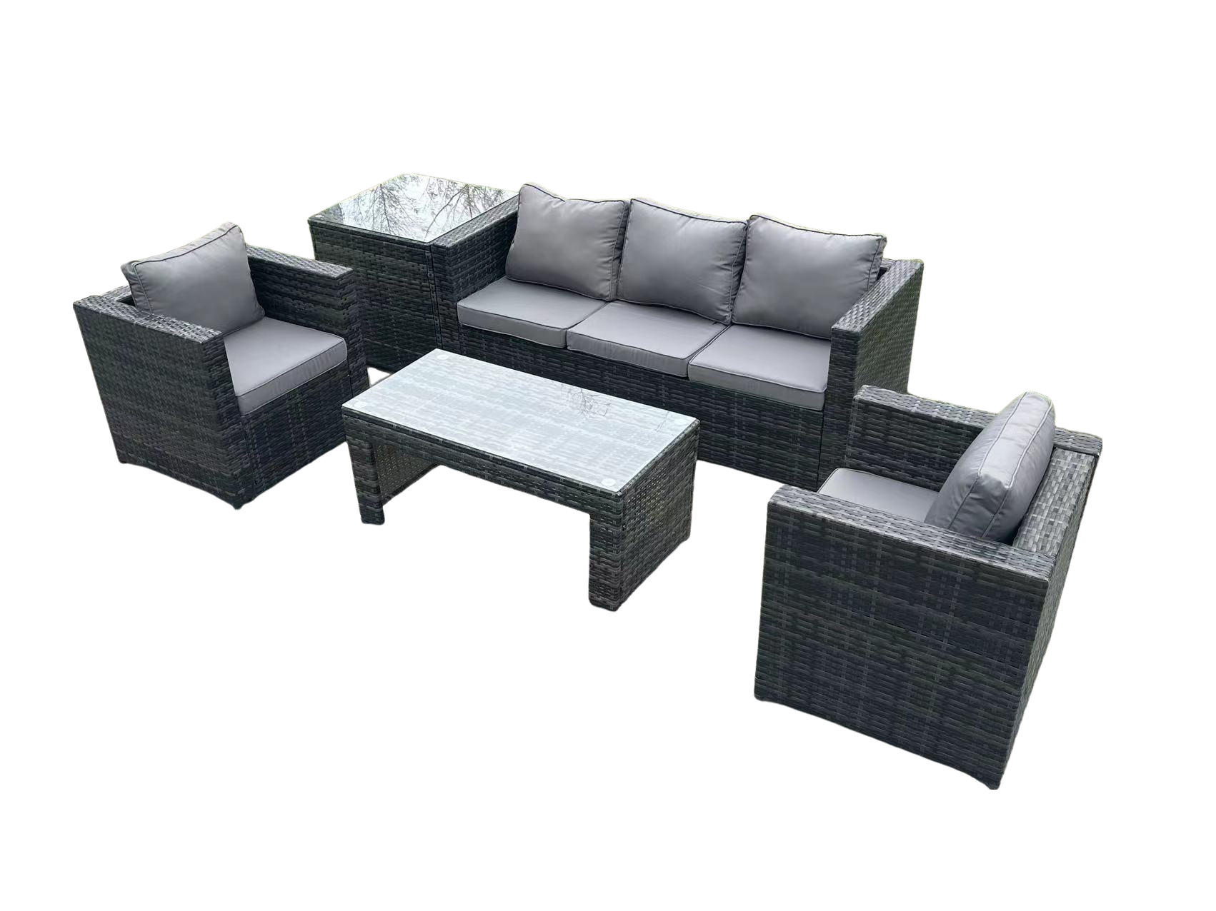 GARTENMÖBELSET mit Couchtisch Polyrattan 5-Sitzer - Dunkelgrau/Grau, Glas/Kunststoff - Fimous